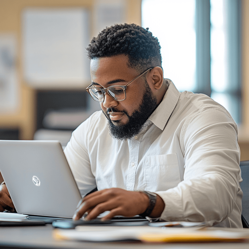 A man wearing glasses and a white button-up shirt works on a laptop at a desk in a bright office setting.