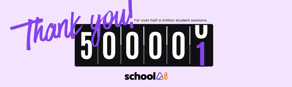 A celebration graphic showing "Thank you" in purple script with a counter displaying "500001" student sessions, featuring…