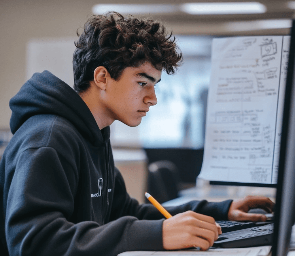 A young student in a dark hoodie concentrates while working at a laptop, holding a pencil and reviewing notes on a…