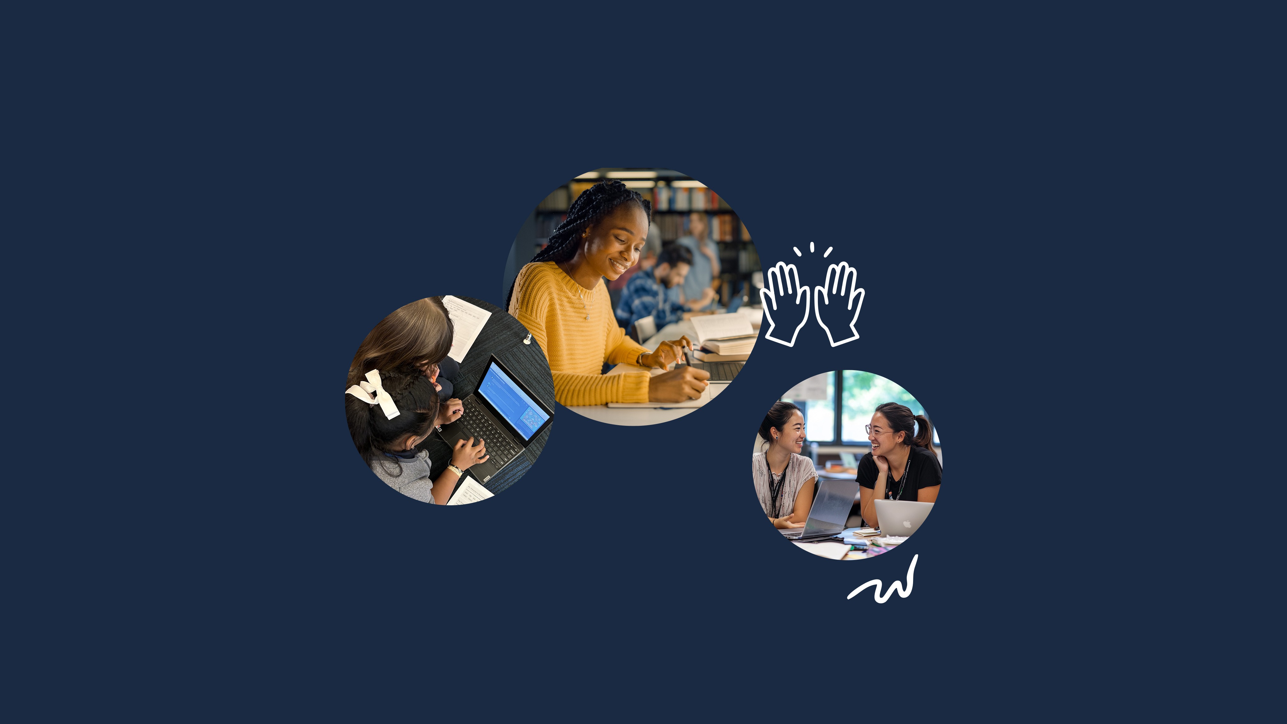 # Alt Text
Three circular photos showing diverse people engaged in education and collaboration: a student with a laptop, a…