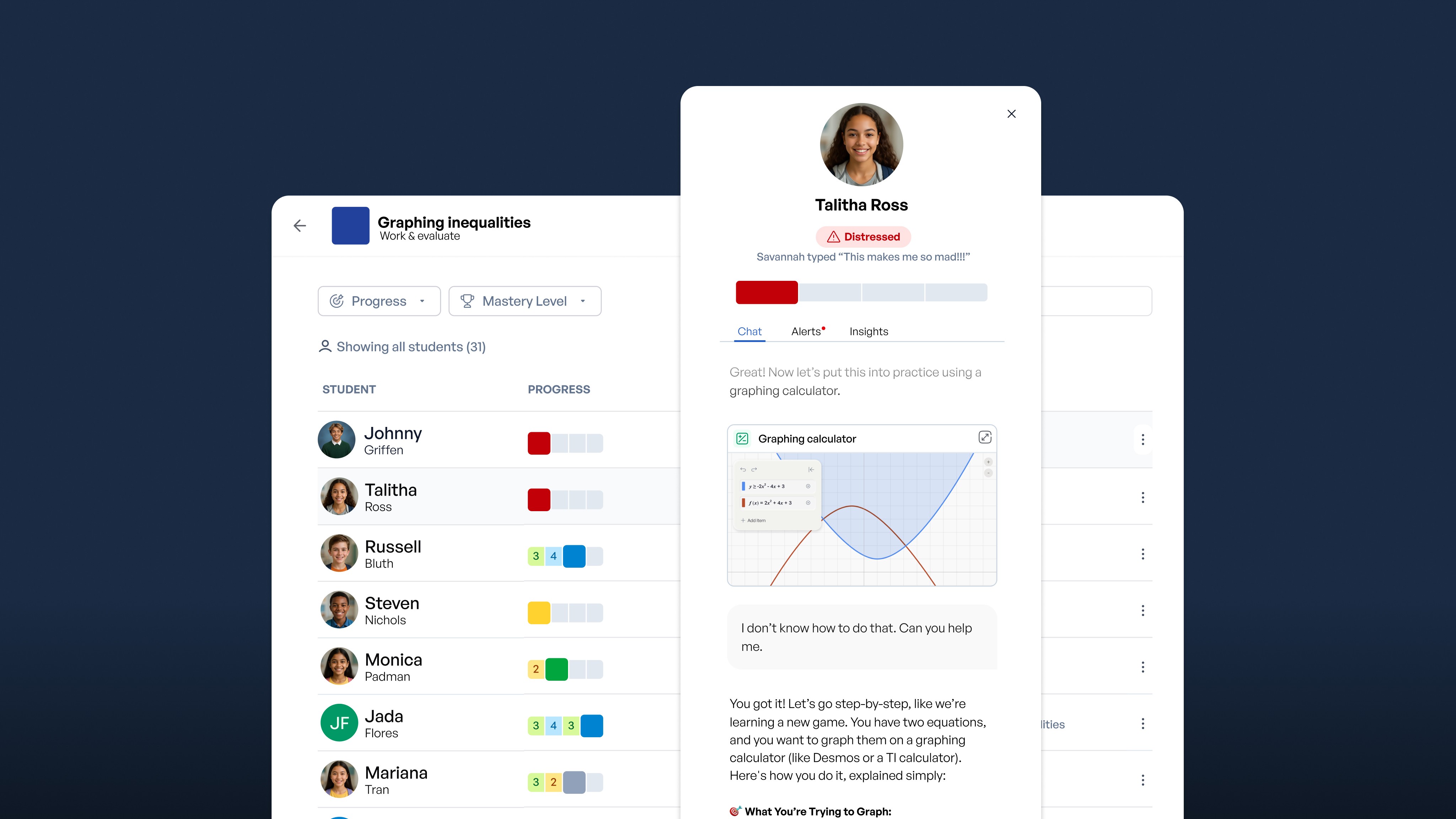 A student learning platform showing a "Graphing Inequalities" lesson with a chat interface open for student Talitha Ross,…