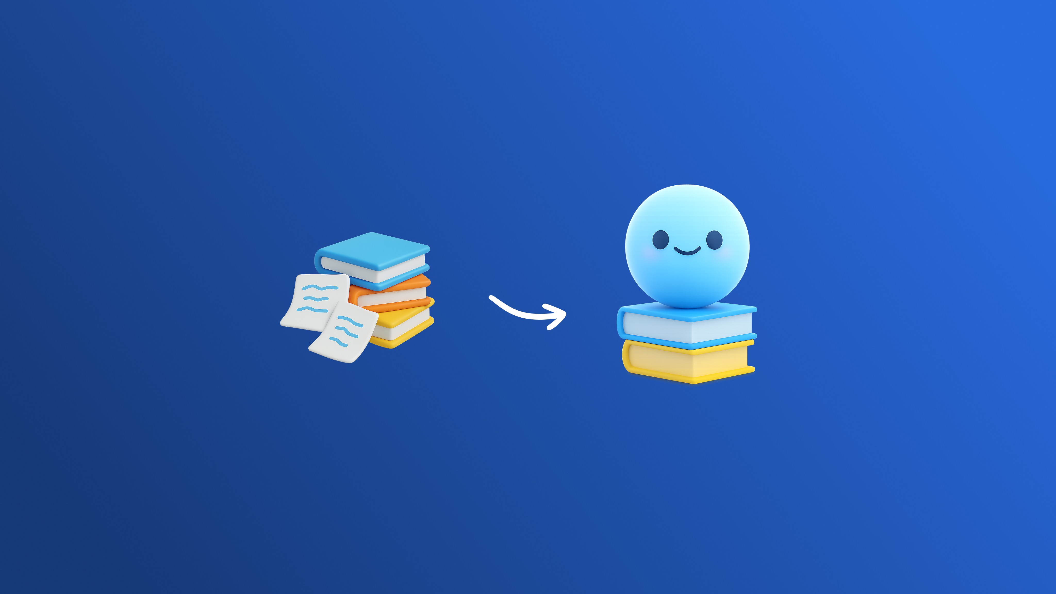 A cheerful blue character sits on a stack of books, with an arrow pointing from scattered documents and books on the left,…