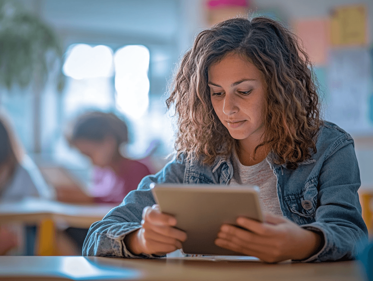 A young girl with curly brown hair focuses on a tablet device while sitting at a table in a bright, blurred indoor…