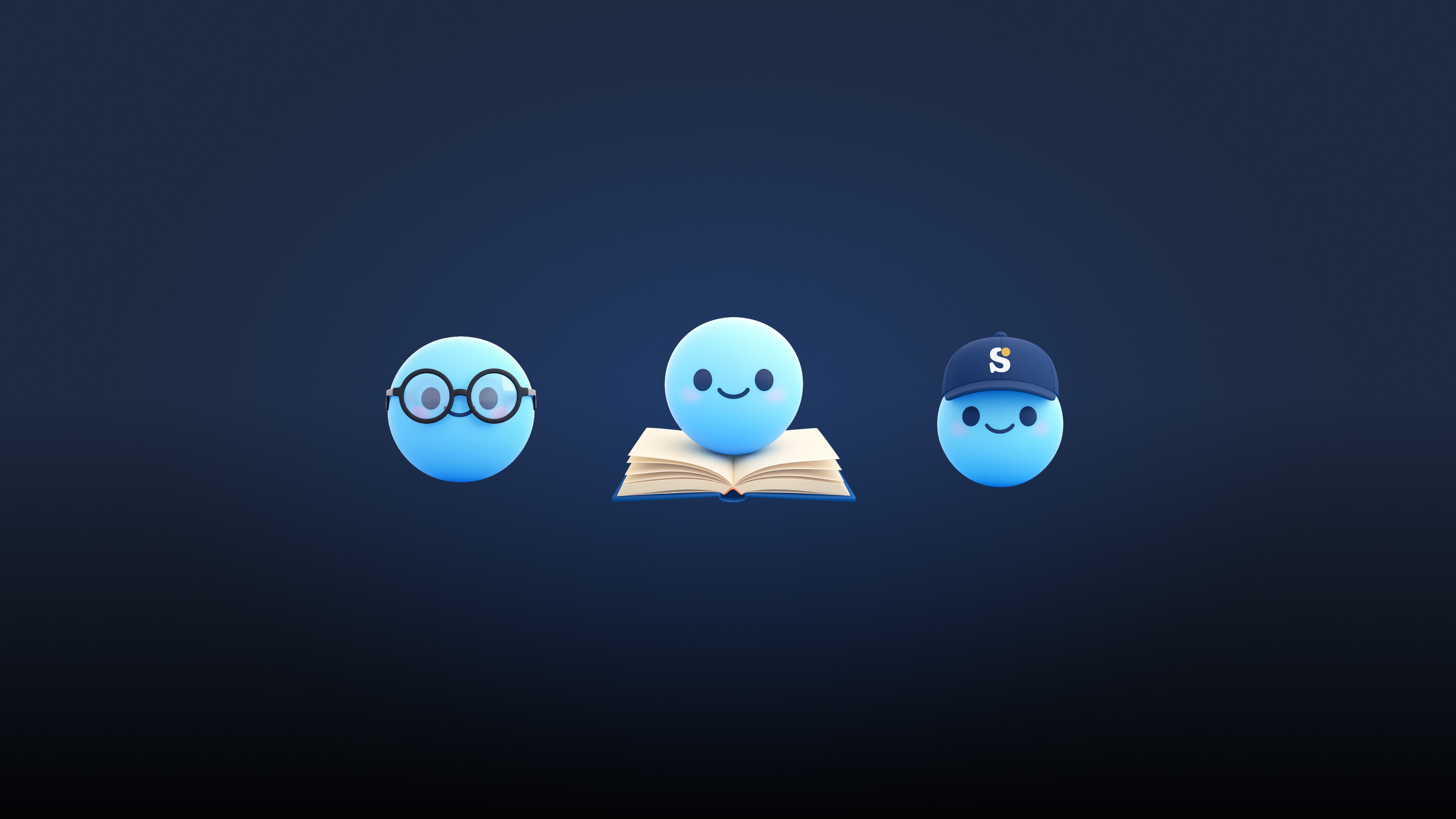 Three cute blue cartoon characters: one wearing glasses on the left, one reading a book in the center, and one wearing a cap…