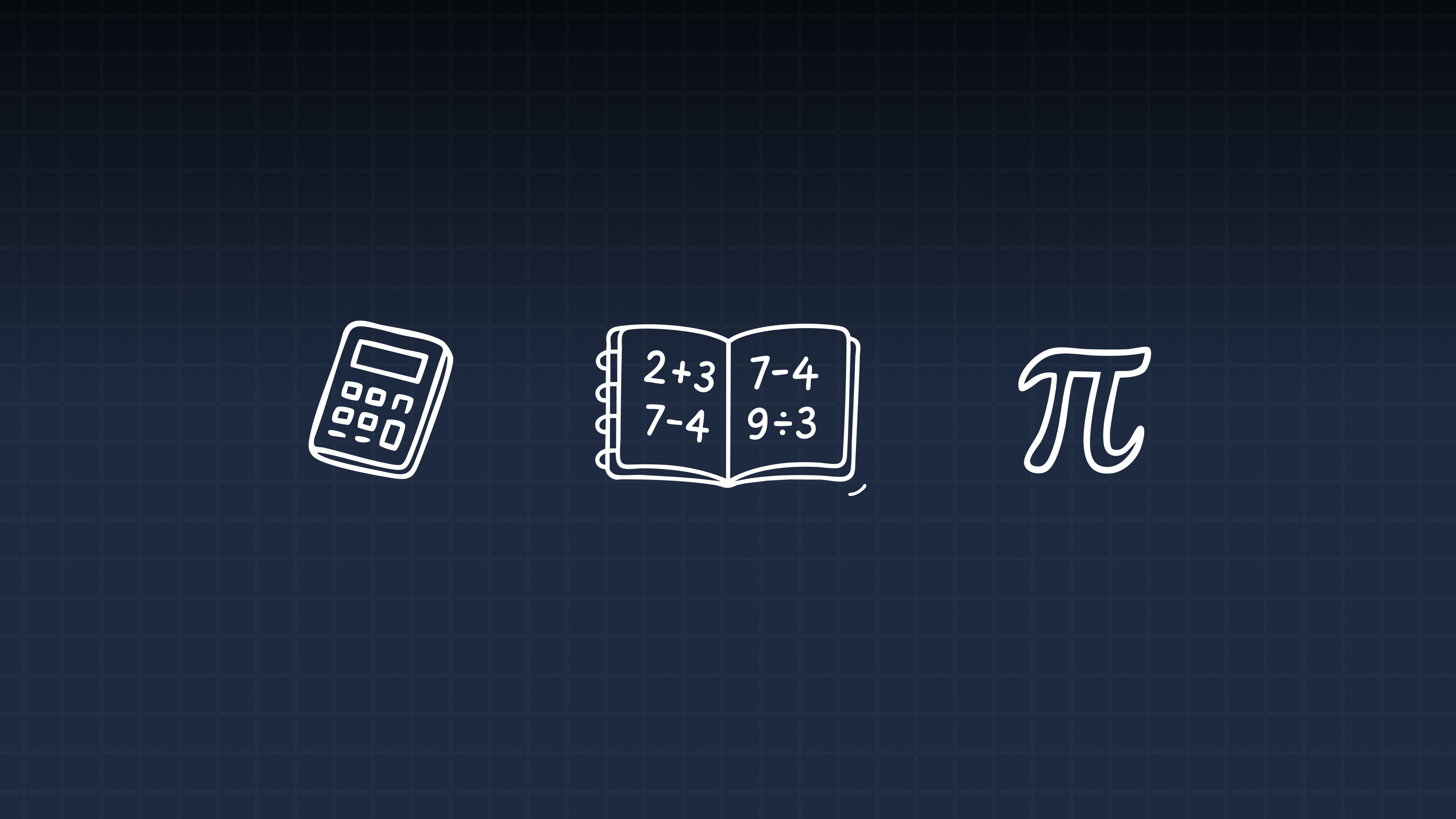 Three neon line icons on a dark grid background: a calculator, an open workbook with math problems, and the pi symbol.