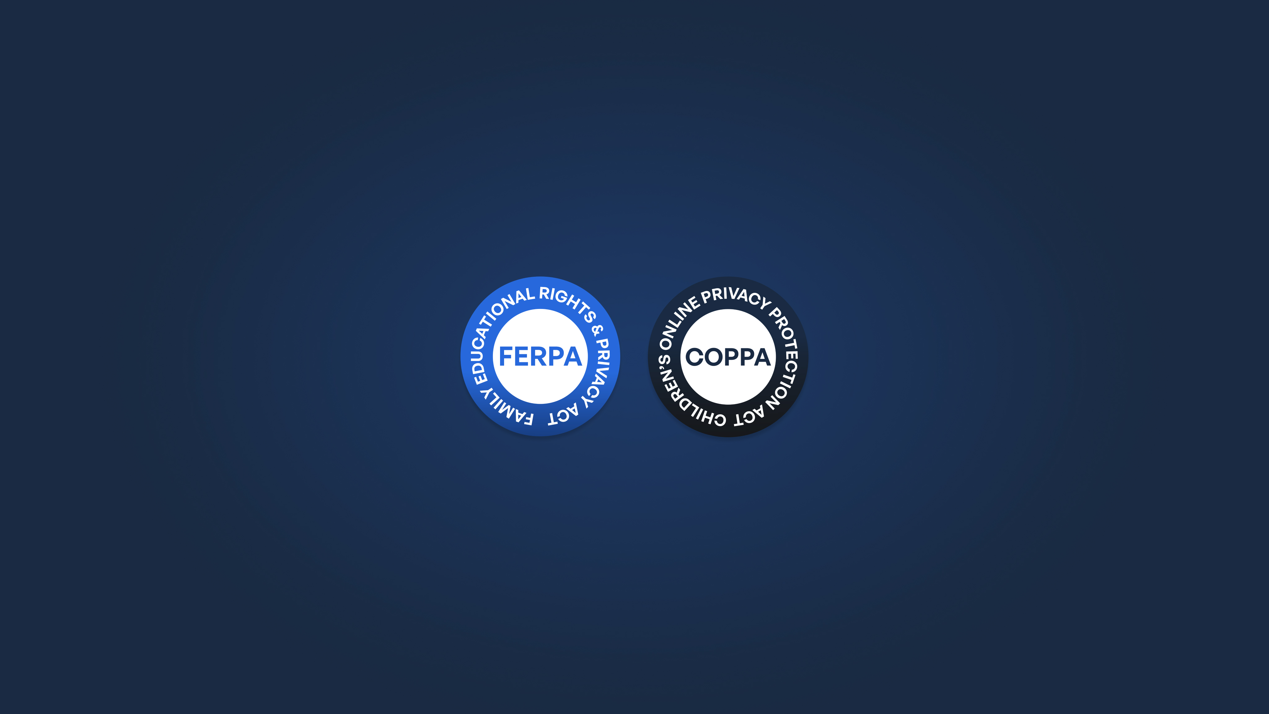 Two circular badges on a dark blue background: FERPA (Family Educational Rights and Privacy Act) in blue on the left, and…