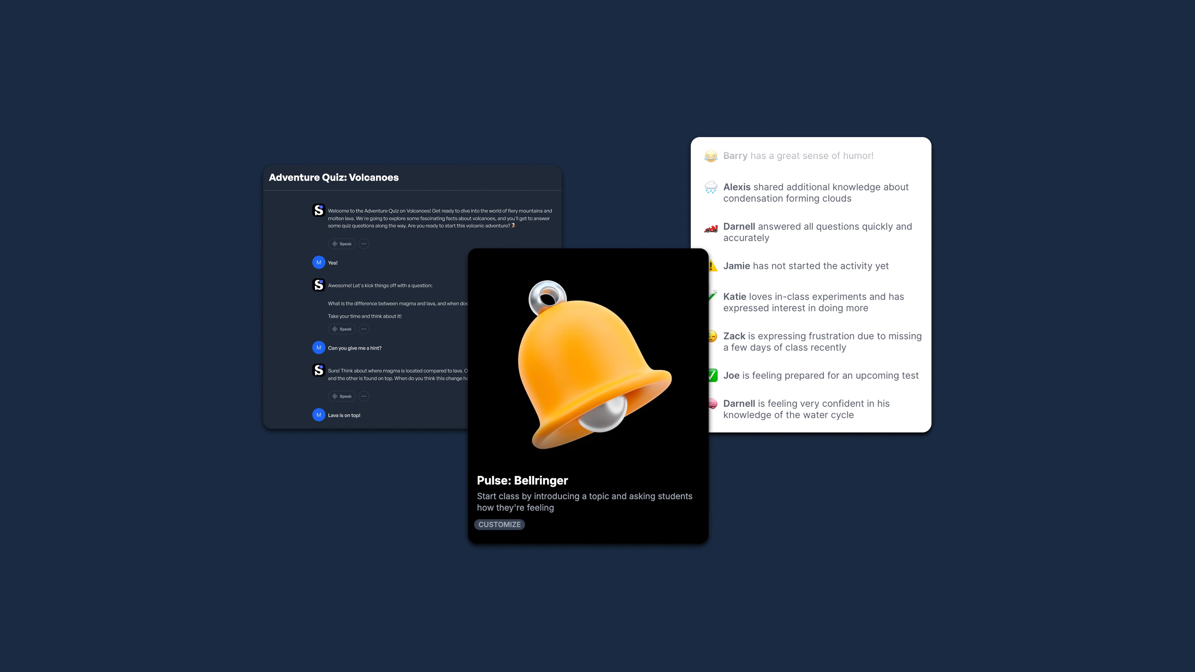 A classroom learning platform showing a volcano quiz on the left, a bell ringer pulse check feature in the center, and…