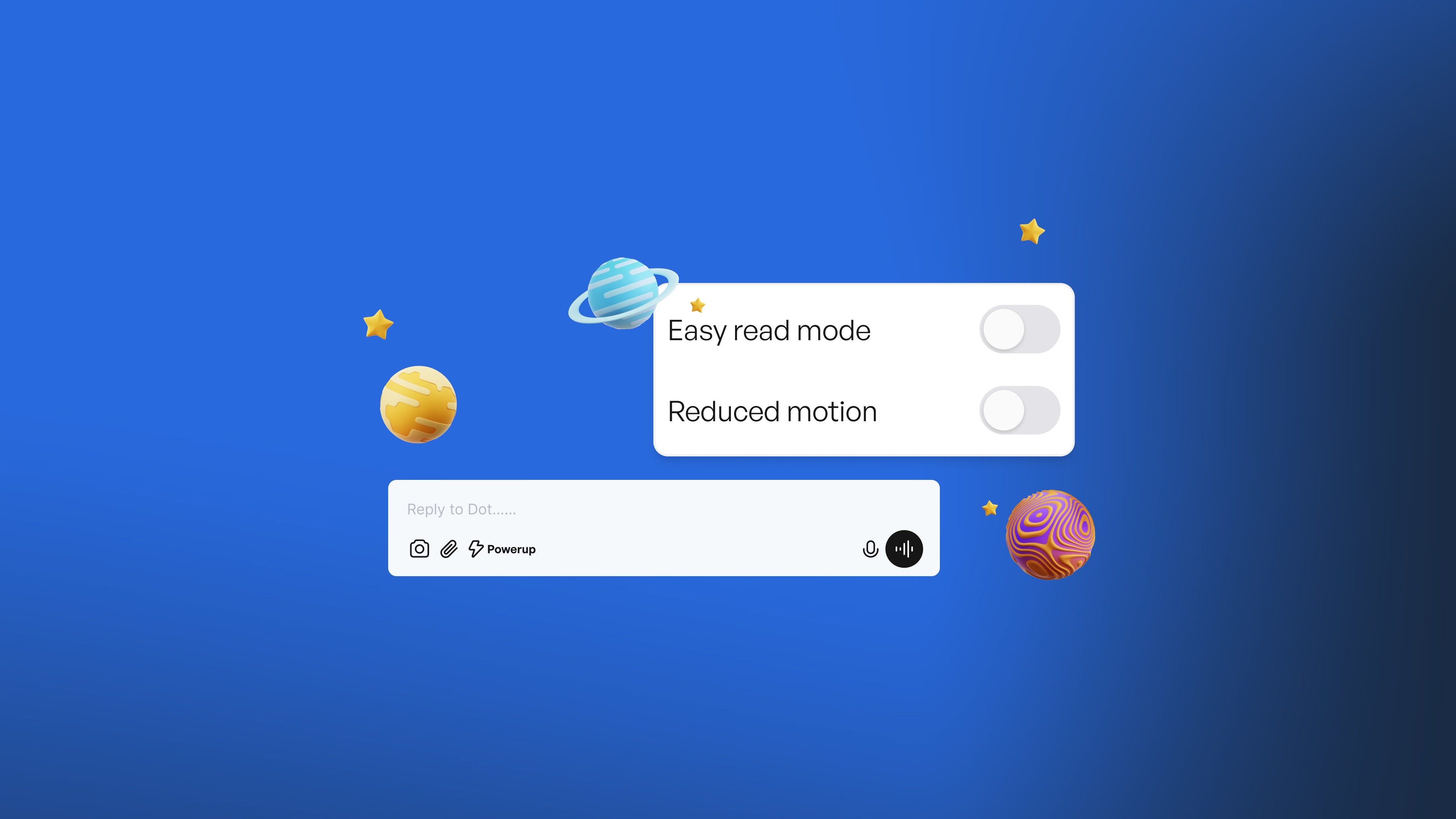 A blue interface showing accessibility settings with toggles for Easy read mode and Reduced motion, along with a text input…