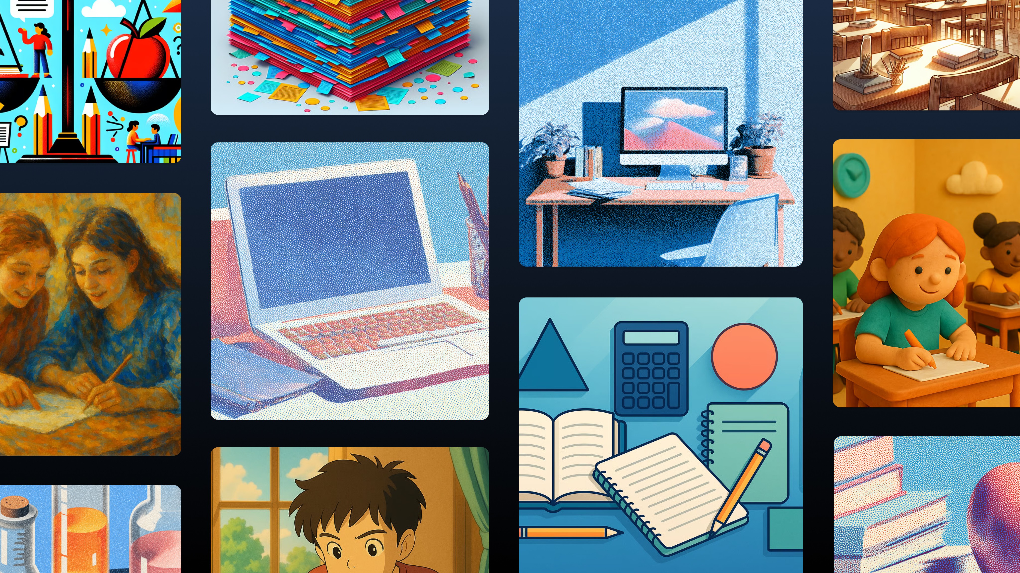 A collage of colorful illustrations featuring educational themes including students learning, laptops, books, school…