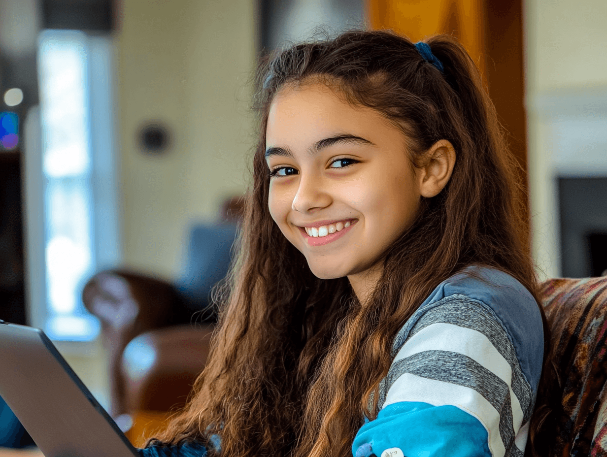 A young girl with long brown hair smiles while looking at a laptop computer indoors.