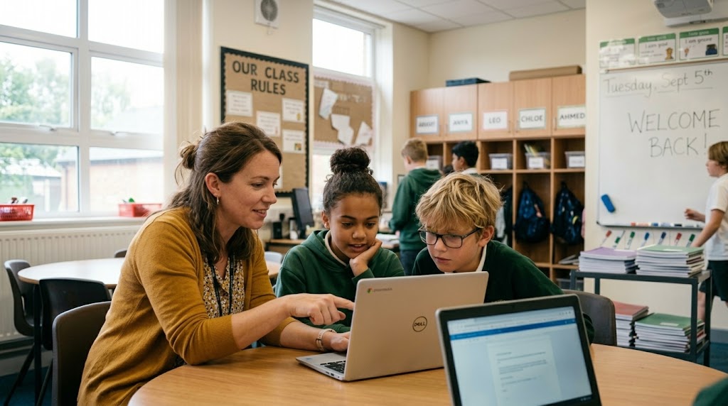 A teacher in a yellow cardigan helps two students with a laptop at a desk in a bright classroom filled with educational…