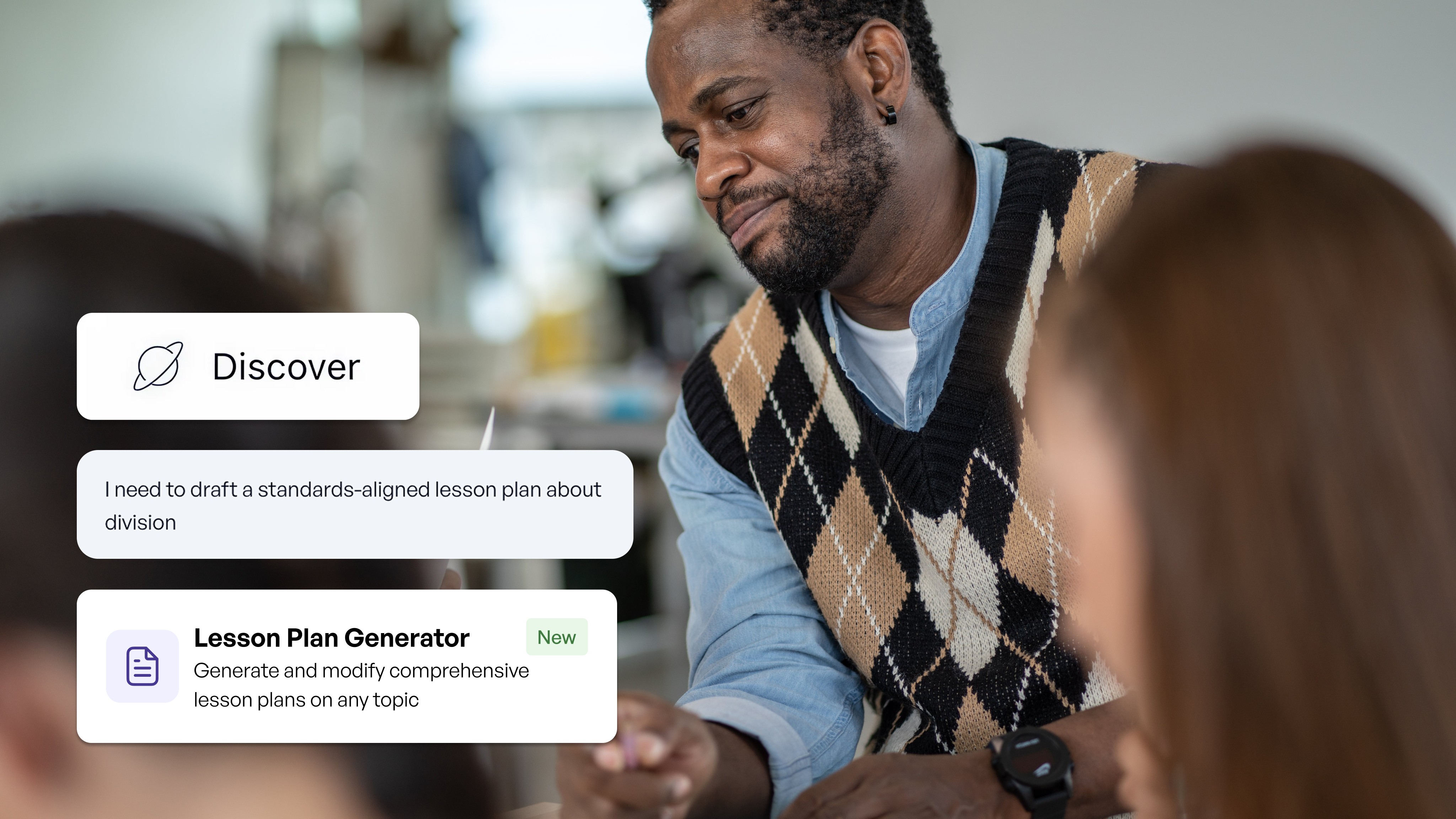 A teacher in a blue shirt and argyle vest works with a student, with a "Lesson Plan Generator" tool interface displayed on…