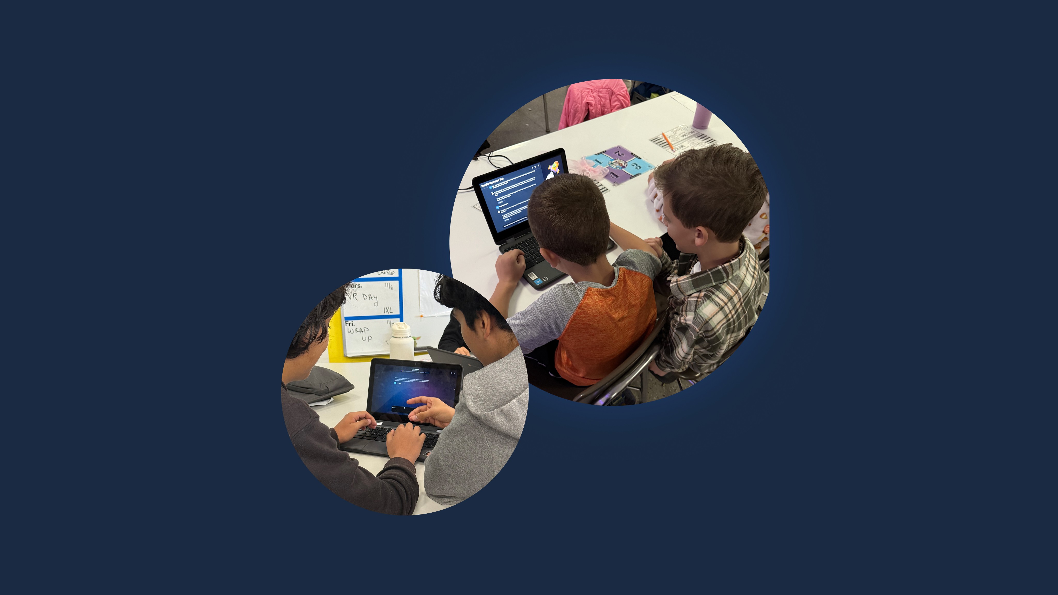 Children collaborating on digital devices at a table during a learning activity, with tablets and laptops visible.