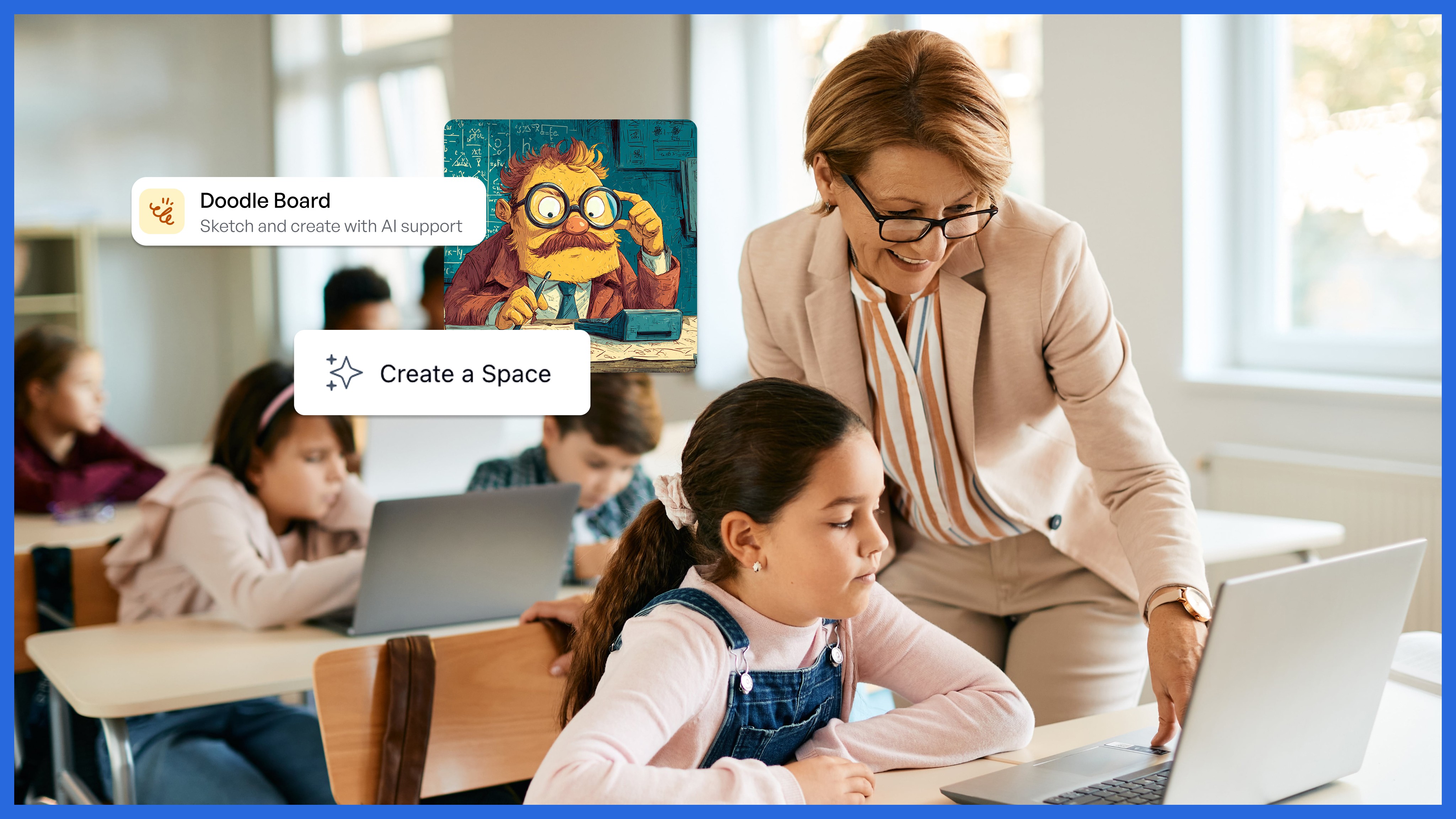 A teacher assists a student at a laptop in a classroom while other students work in the background, with Doodle Board and…