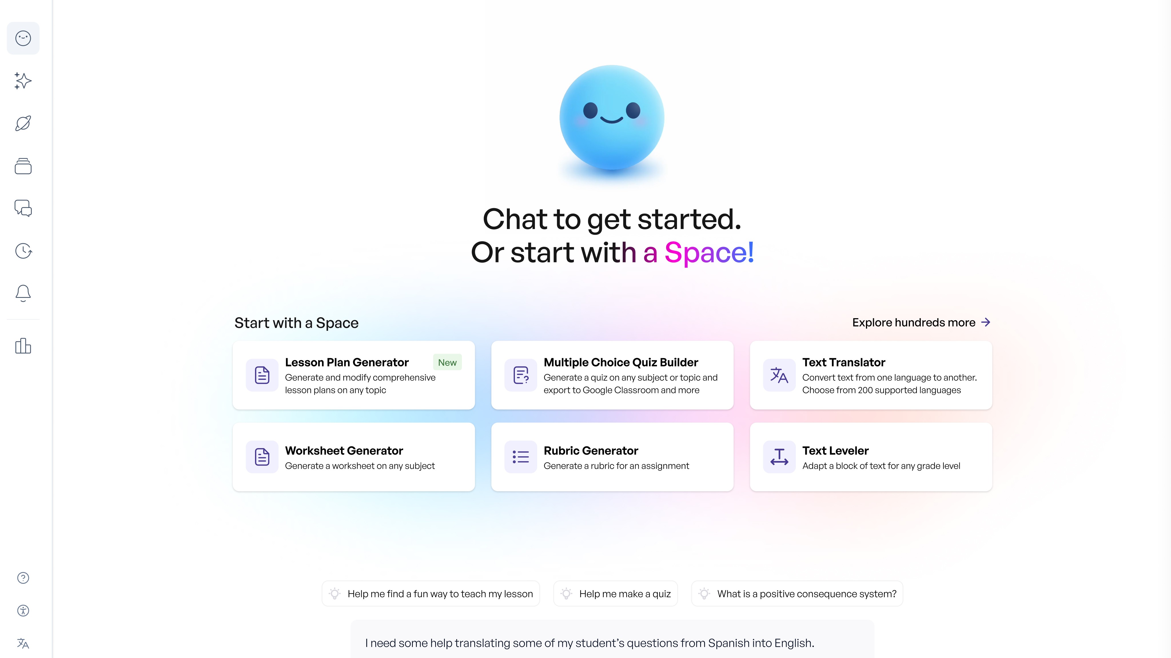 A friendly blue chatbot interface showing welcome screen with six AI tools for educators: Lesson Plan Generator, Multiple…