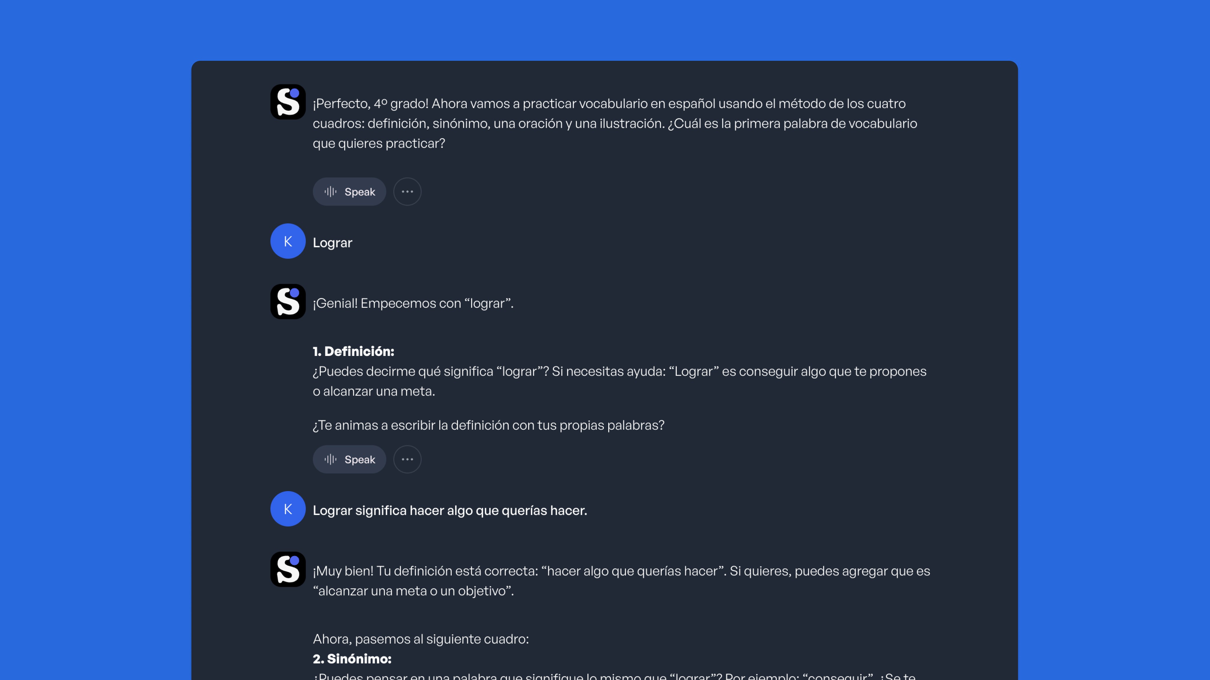 A Spanish language learning interface showing a conversation between a student (K) and an AI tutor (S) practicing vocabulary…