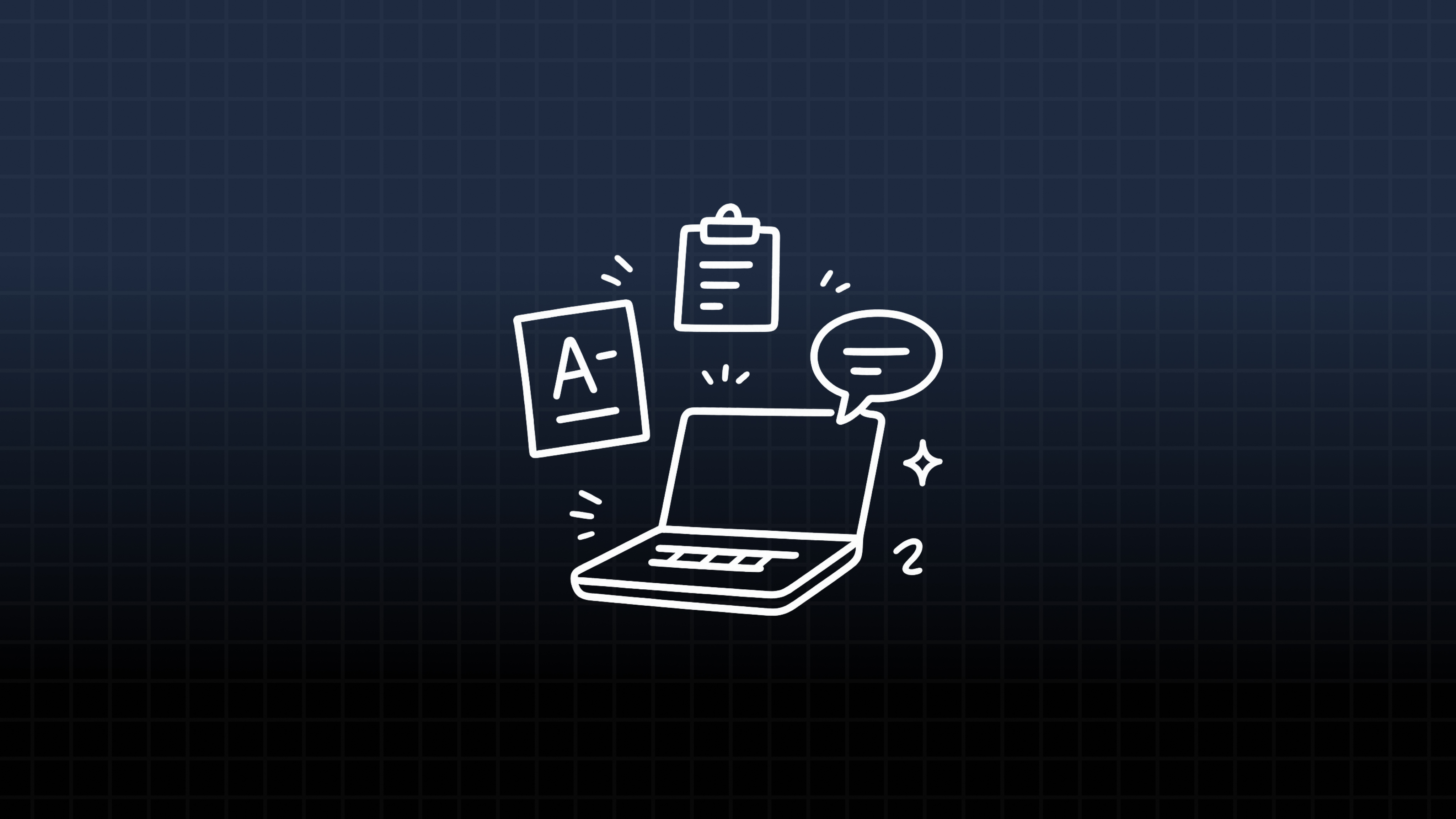 A white line drawing showing a laptop with documents and a chat bubble floating above it on a dark blue grid background.