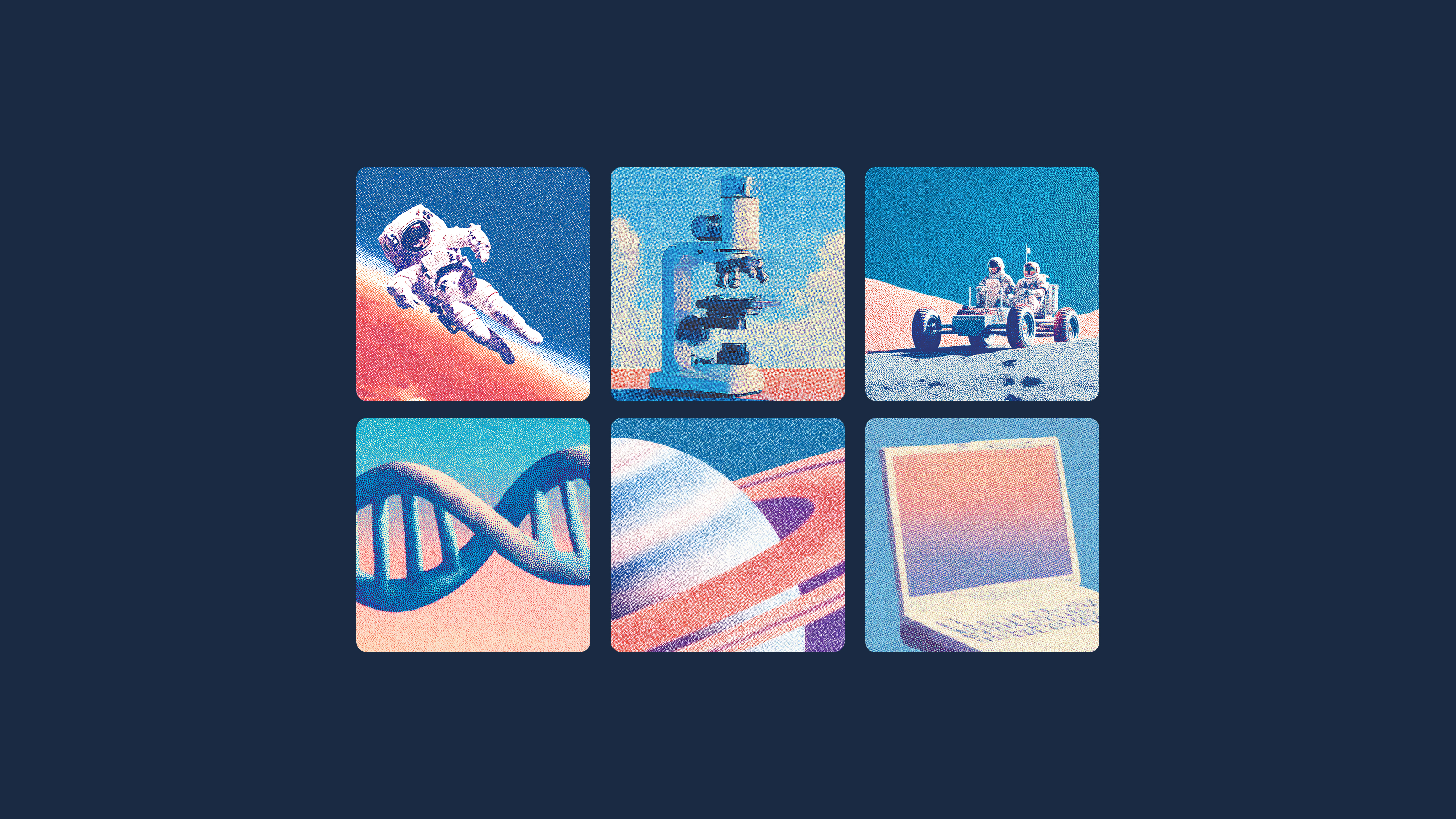 A grid of six illustrated cards featuring space exploration and science themes, including an astronaut, microscope, lunar…
