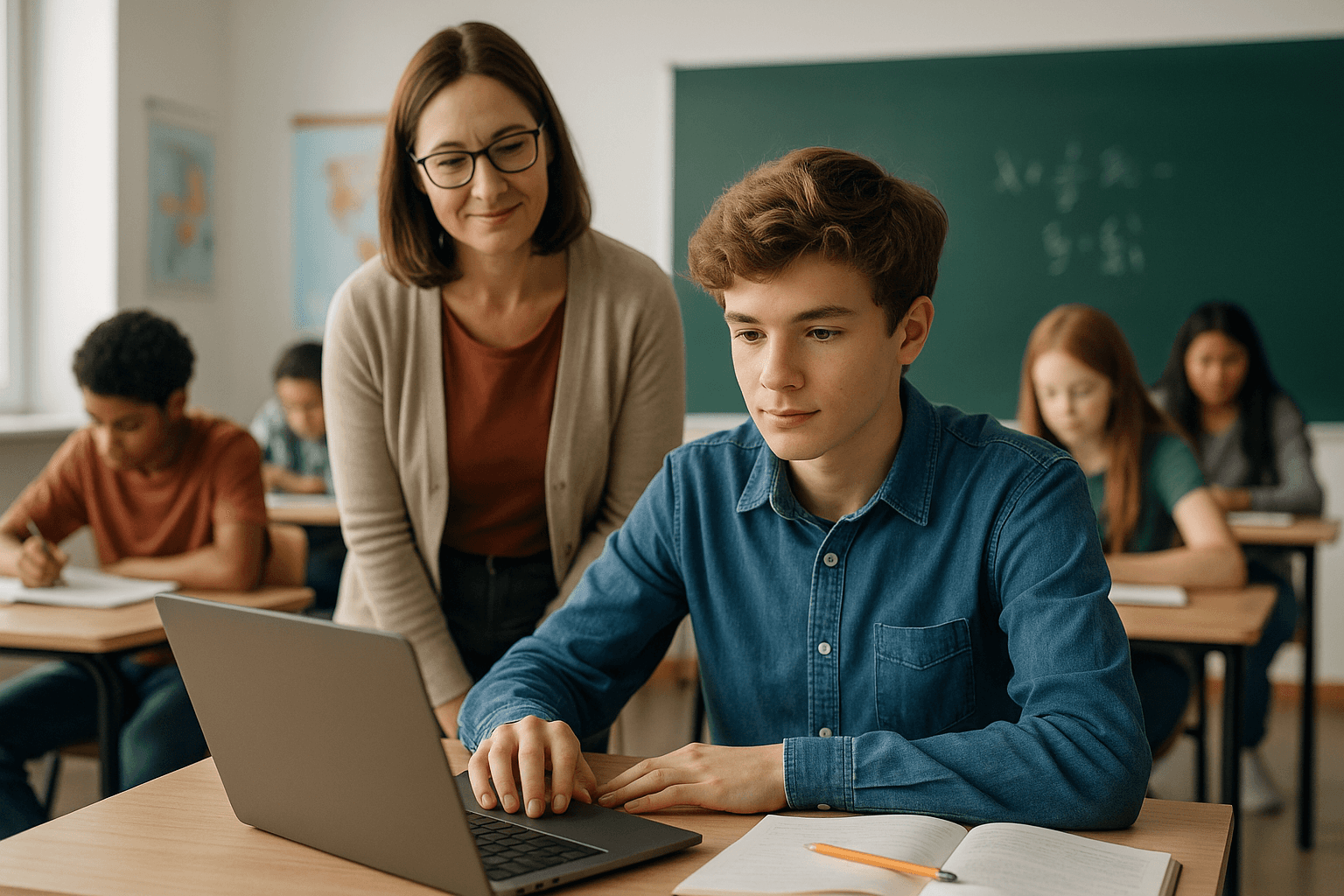 A teacher in glasses stands beside a student in a denim shirt who is typing on a laptop in a classroom setting with other…