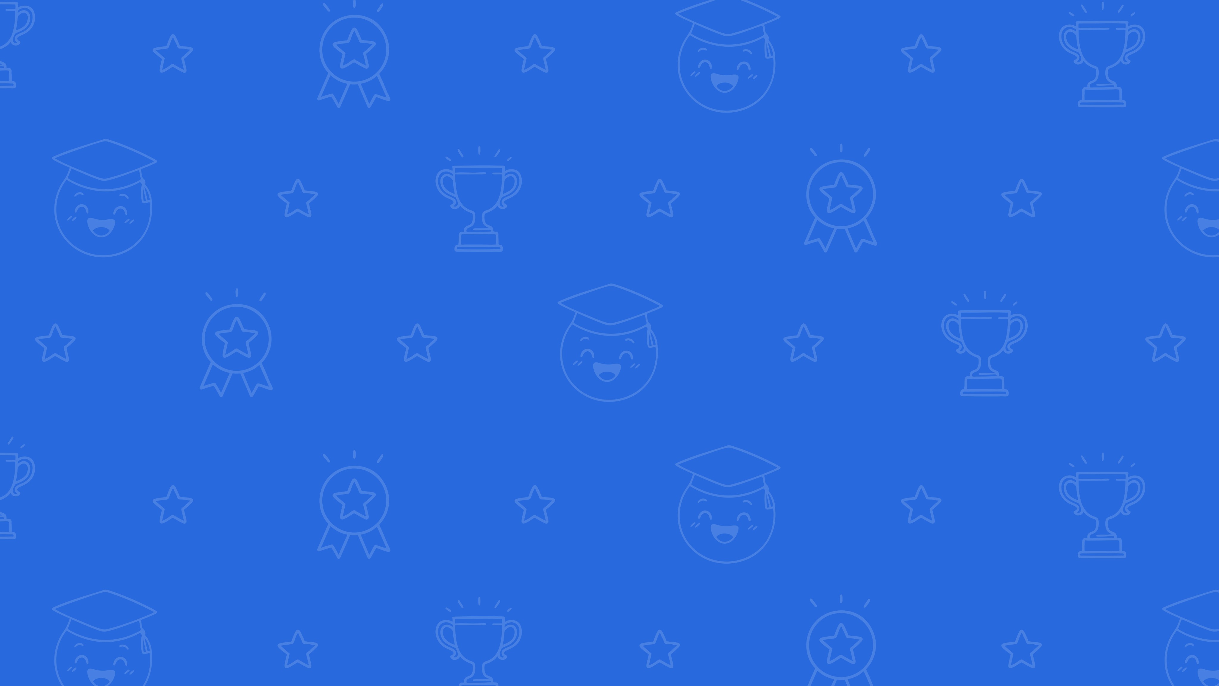 A blue background pattern featuring outlined icons of graduation caps, trophies, award medals, and stars representing…