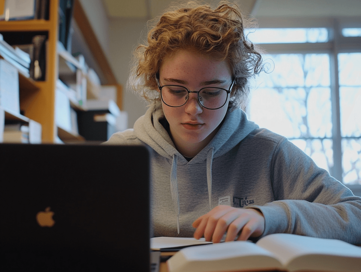 A young student with curly red hair and glasses studies at a laptop while reading from an open book in a bright library…