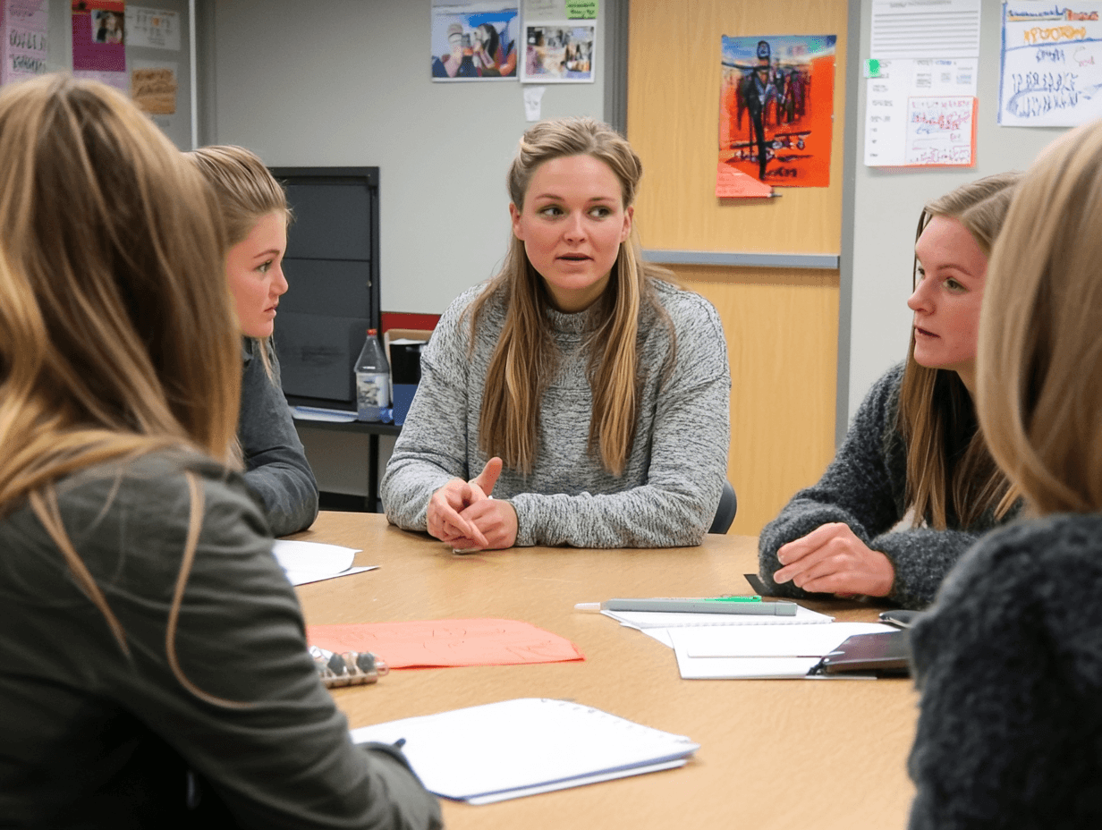 A teacher in a gray sweater leads a small group discussion with four students seated around a wooden table in a classroom…