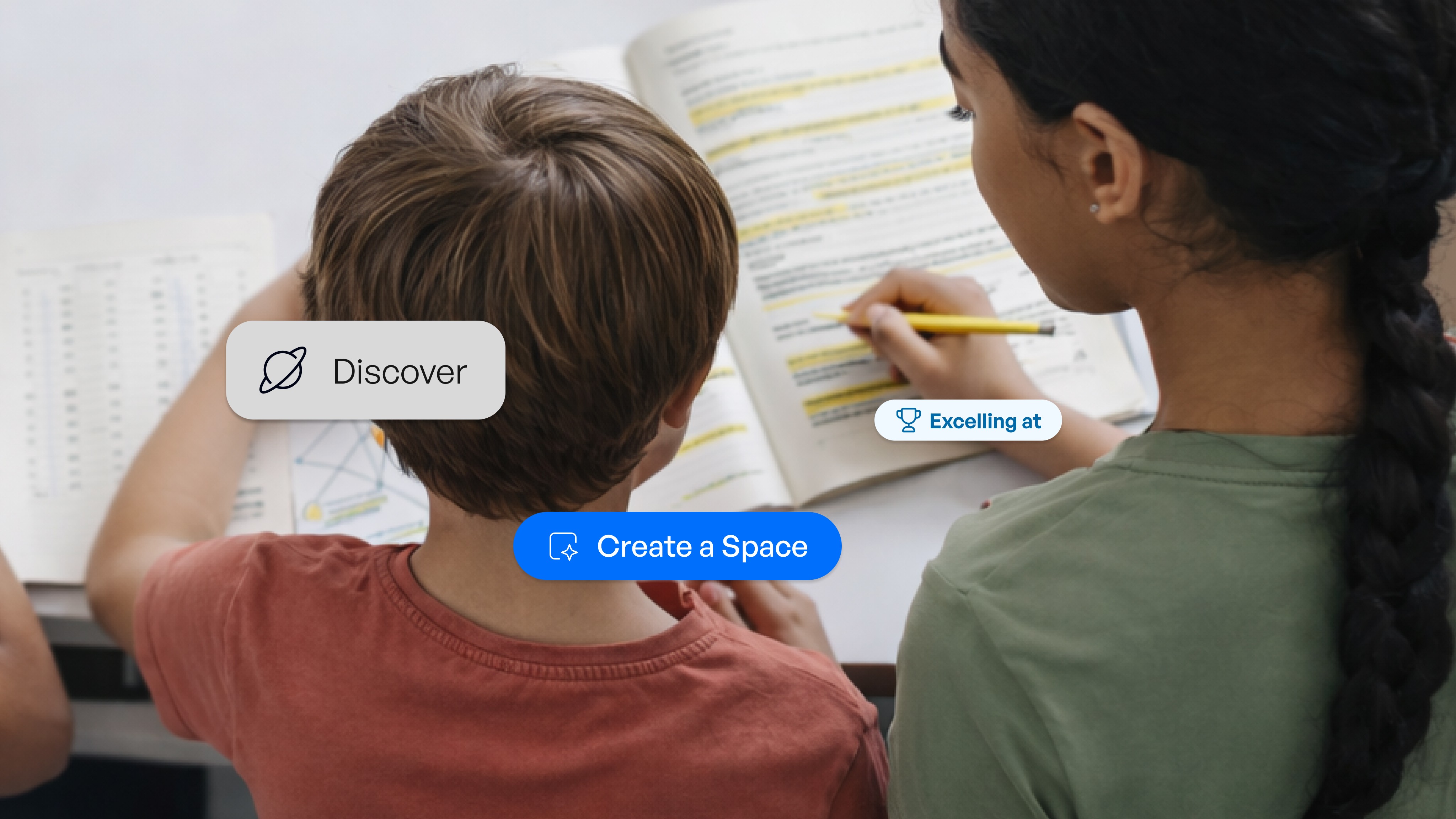 An adult and child work together on documents at a table with overlay buttons for Discover, Excelling at, and Create a Space.