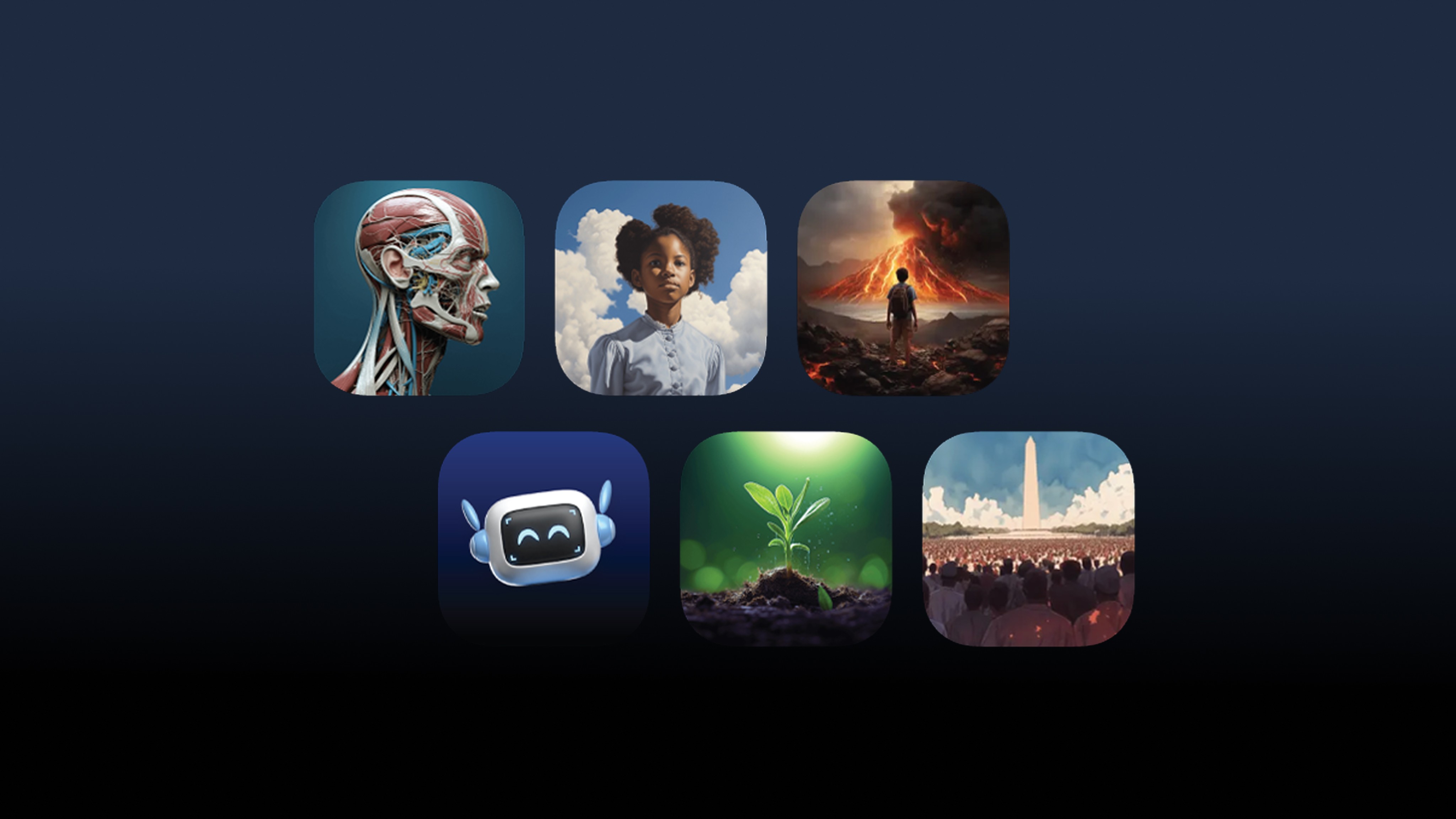 Six app icons arranged on a dark background: anatomical head diagram, child with clouds, volcanic landscape, robot face,…