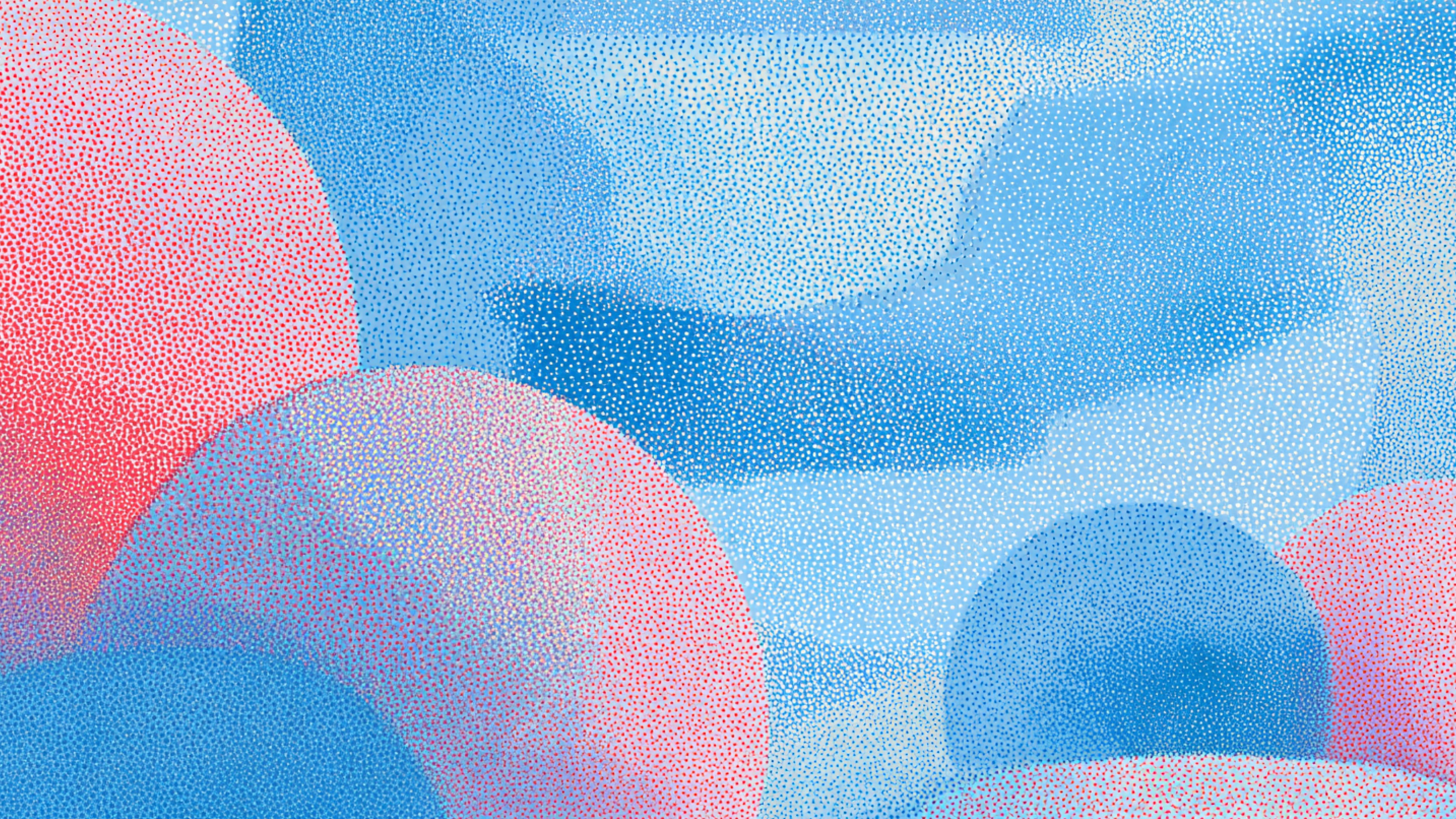 Abstract dotted landscape with soft rounded shapes in pink, blue, and white tones creating a dreamy, minimalist scene.