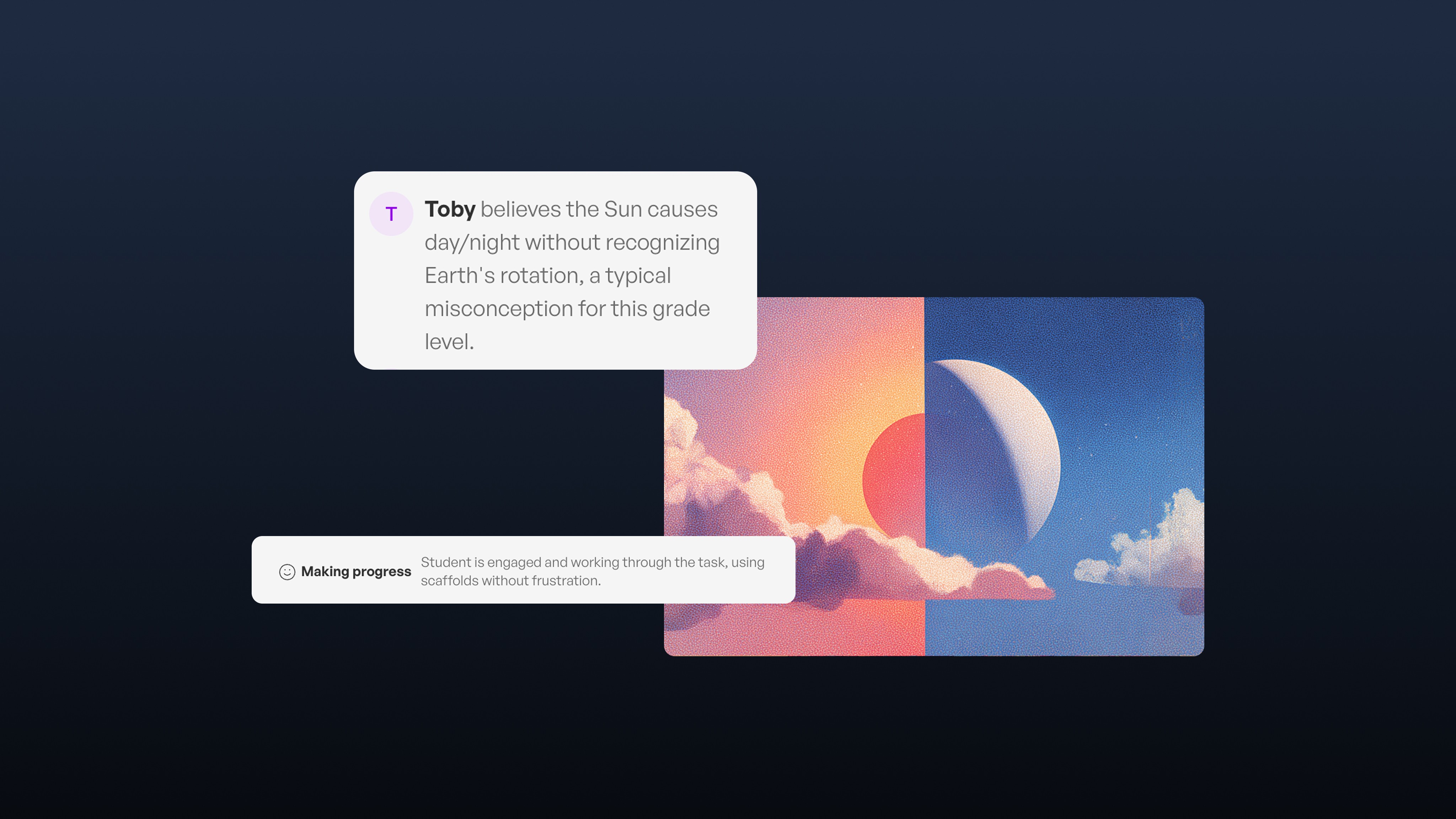 An educational interface showing a student's misconception about day and night cycles, with a split image of daytime and…