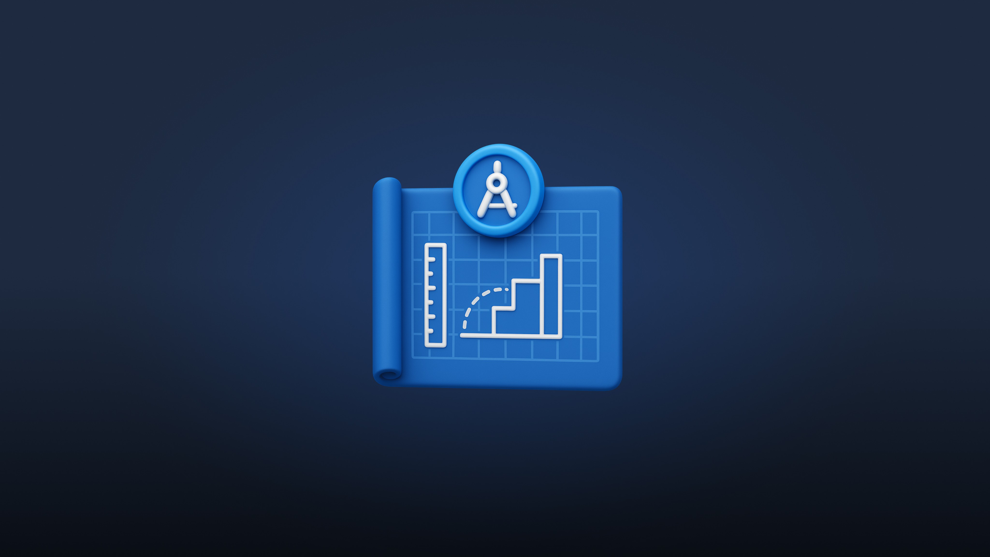 A blue blueprint icon showing a bar chart with an upward trend and a compass tool symbol at the top, representing design and…