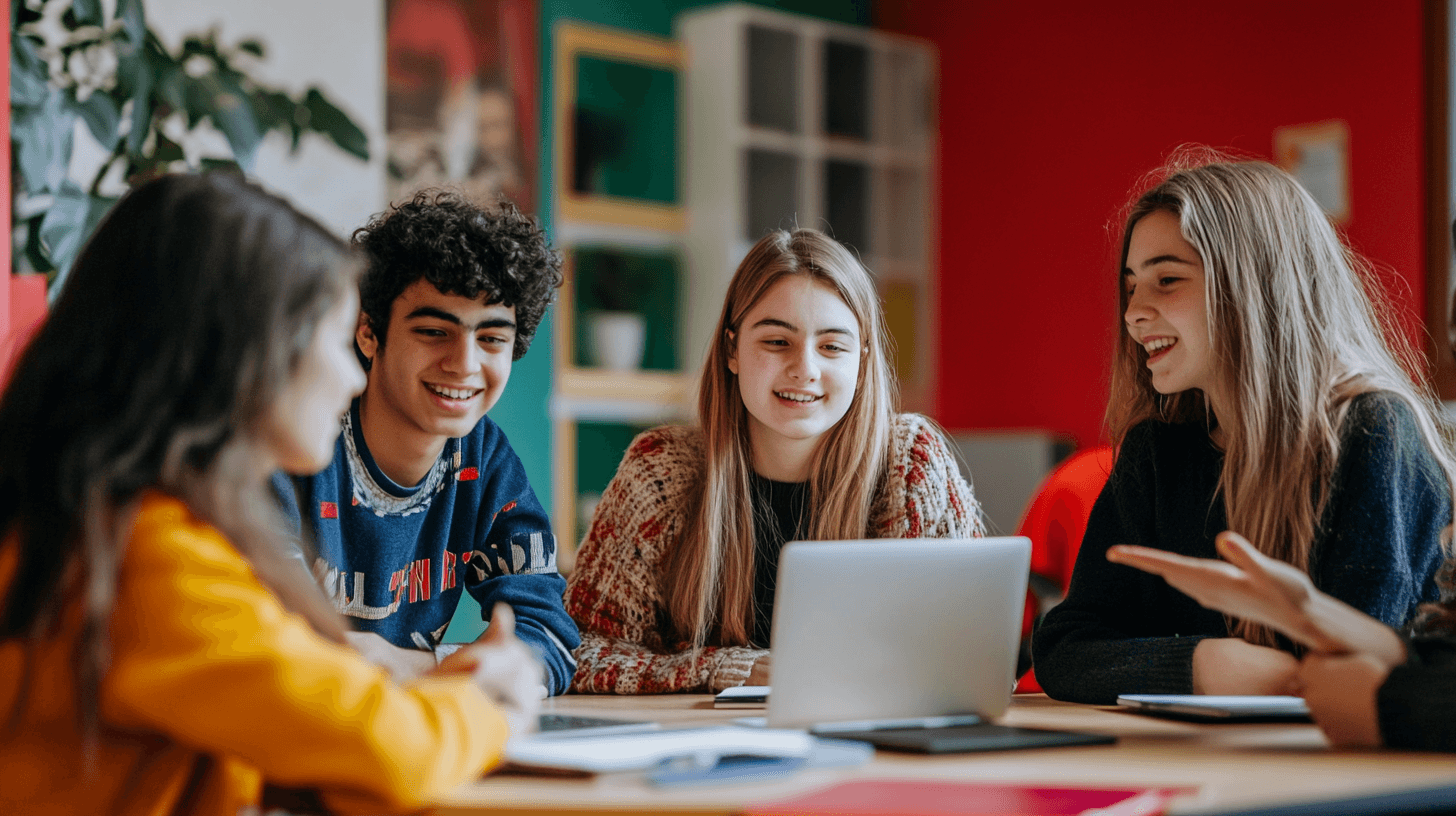 A group of five smiling teenagers gather around a laptop during a collaborative study or project session in a colorful…