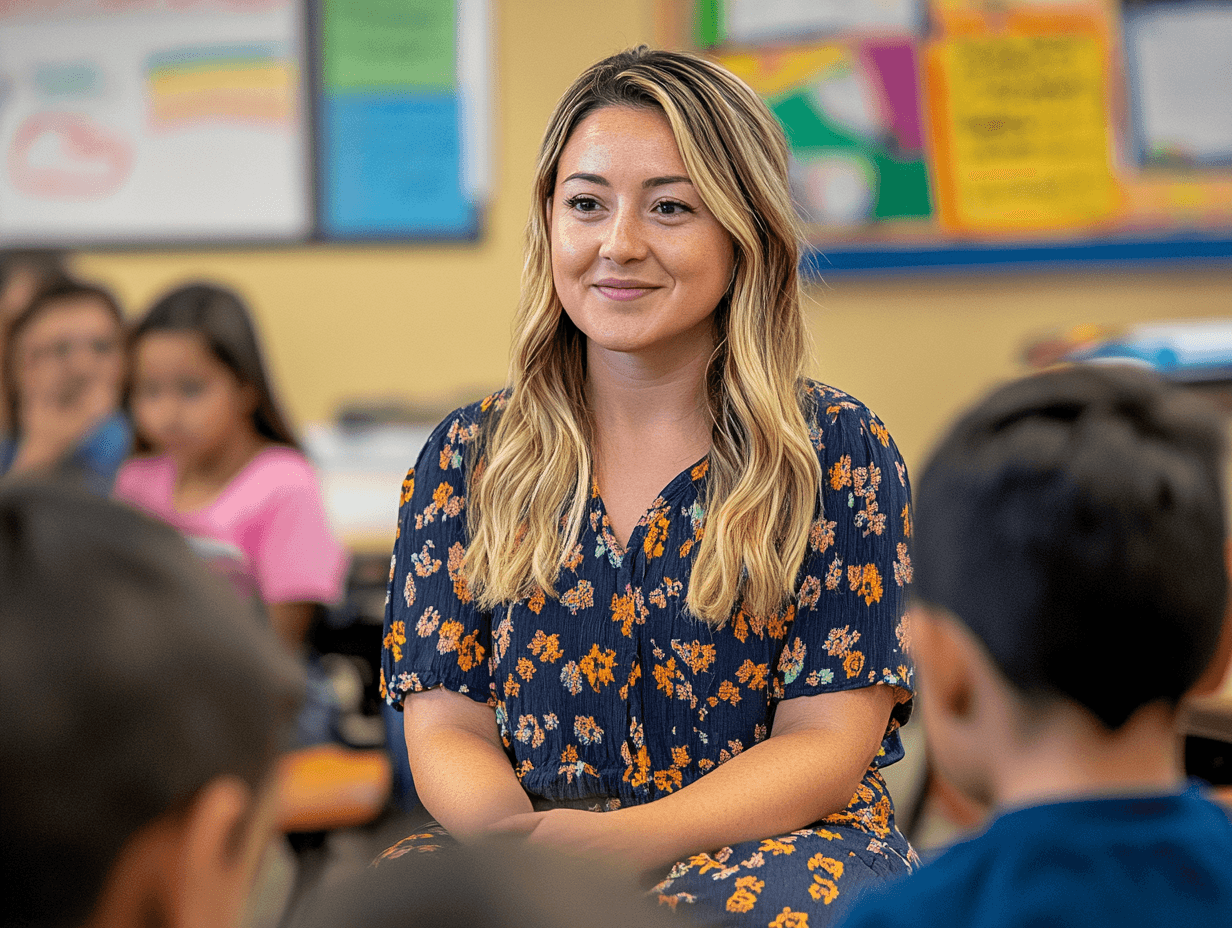 A teacher in a navy floral dress smiles while standing in a colorful classroom surrounded by students.
