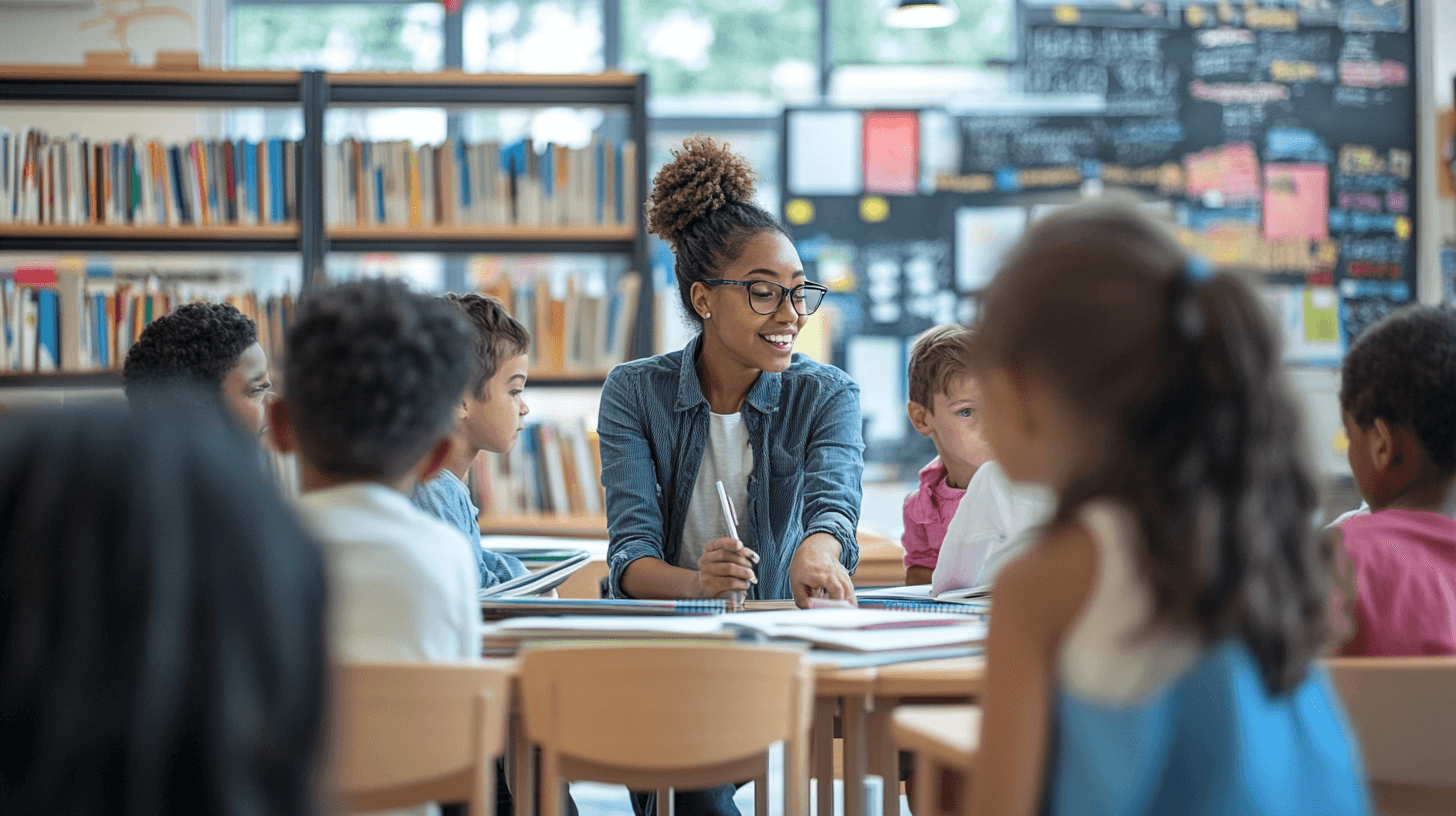 A smiling teacher wearing glasses engages with a diverse group of elementary school students seated around a table in a…