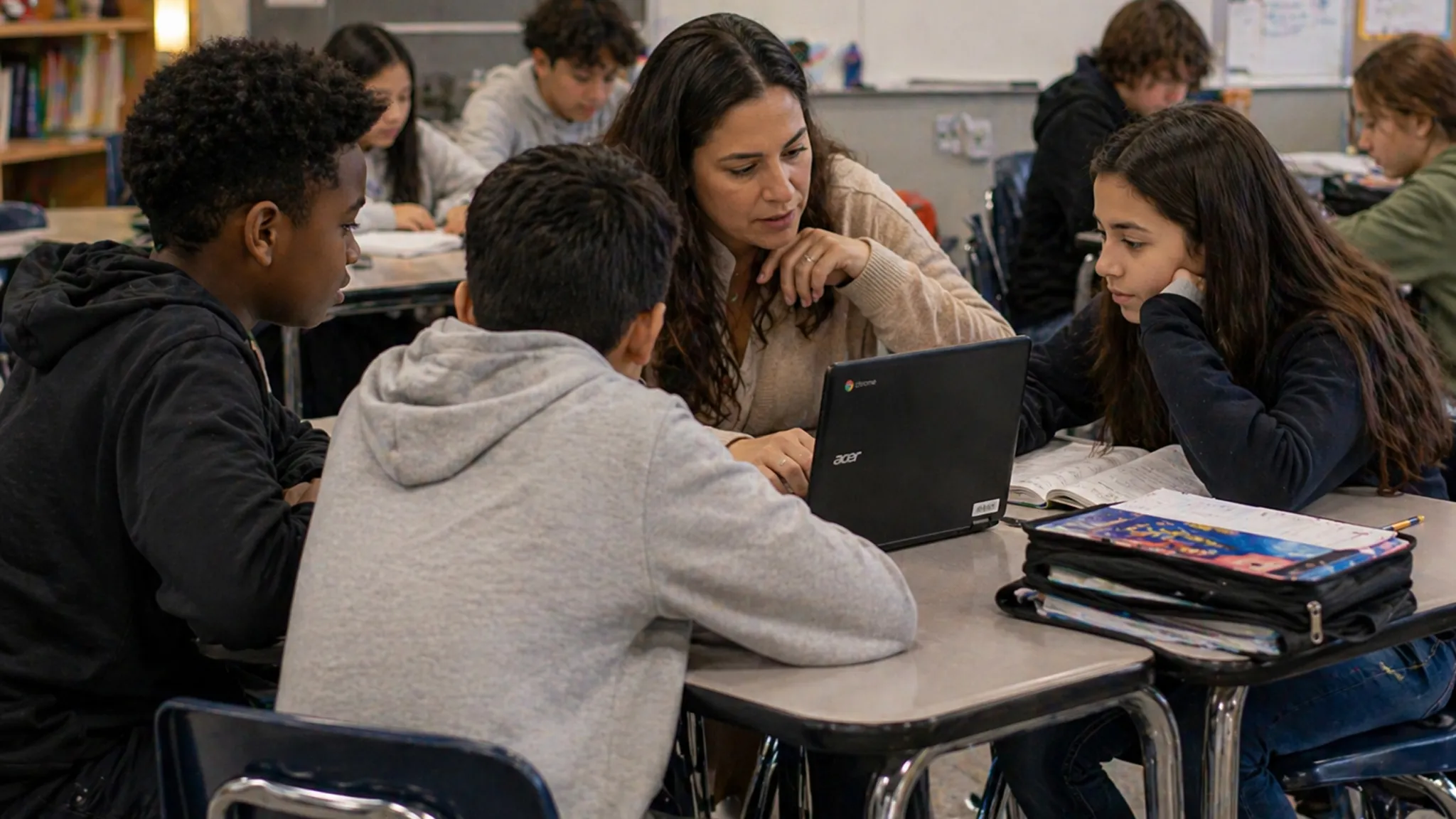 A teacher works with a small group of students around a laptop in a classroom setting, with other students visible in the…