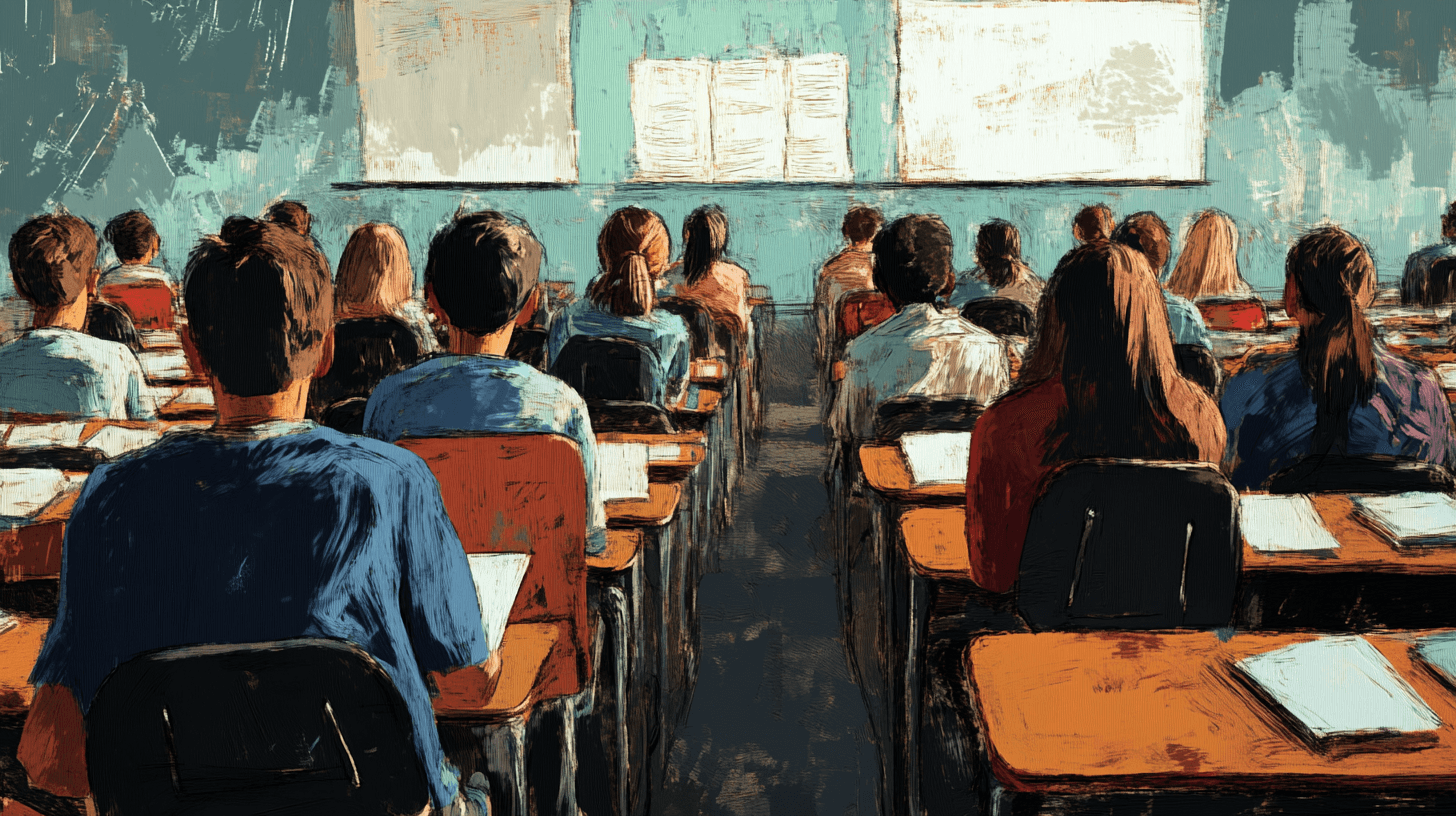 A classroom scene depicting students seated at individual desks facing a turquoise wall with white windows, rendered in a…