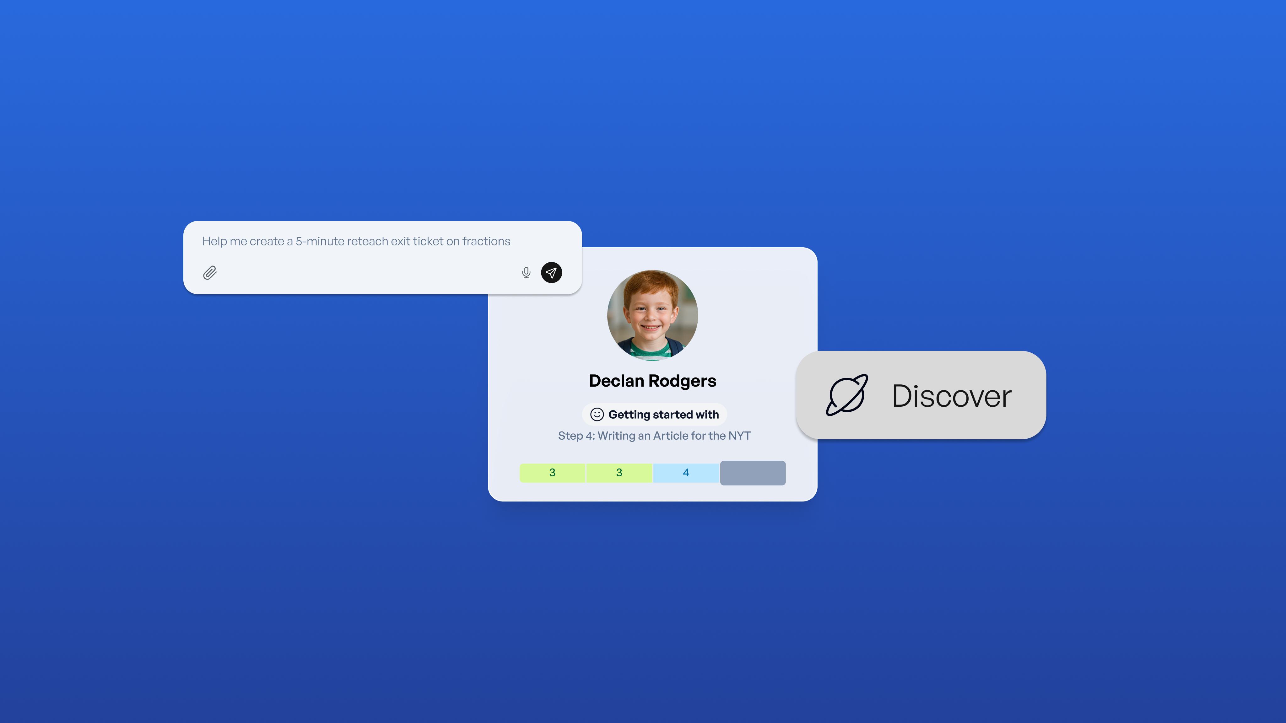 A learning interface showing a user profile for Declan Rodgers with a progress tracker for "Getting started with Step 4:…