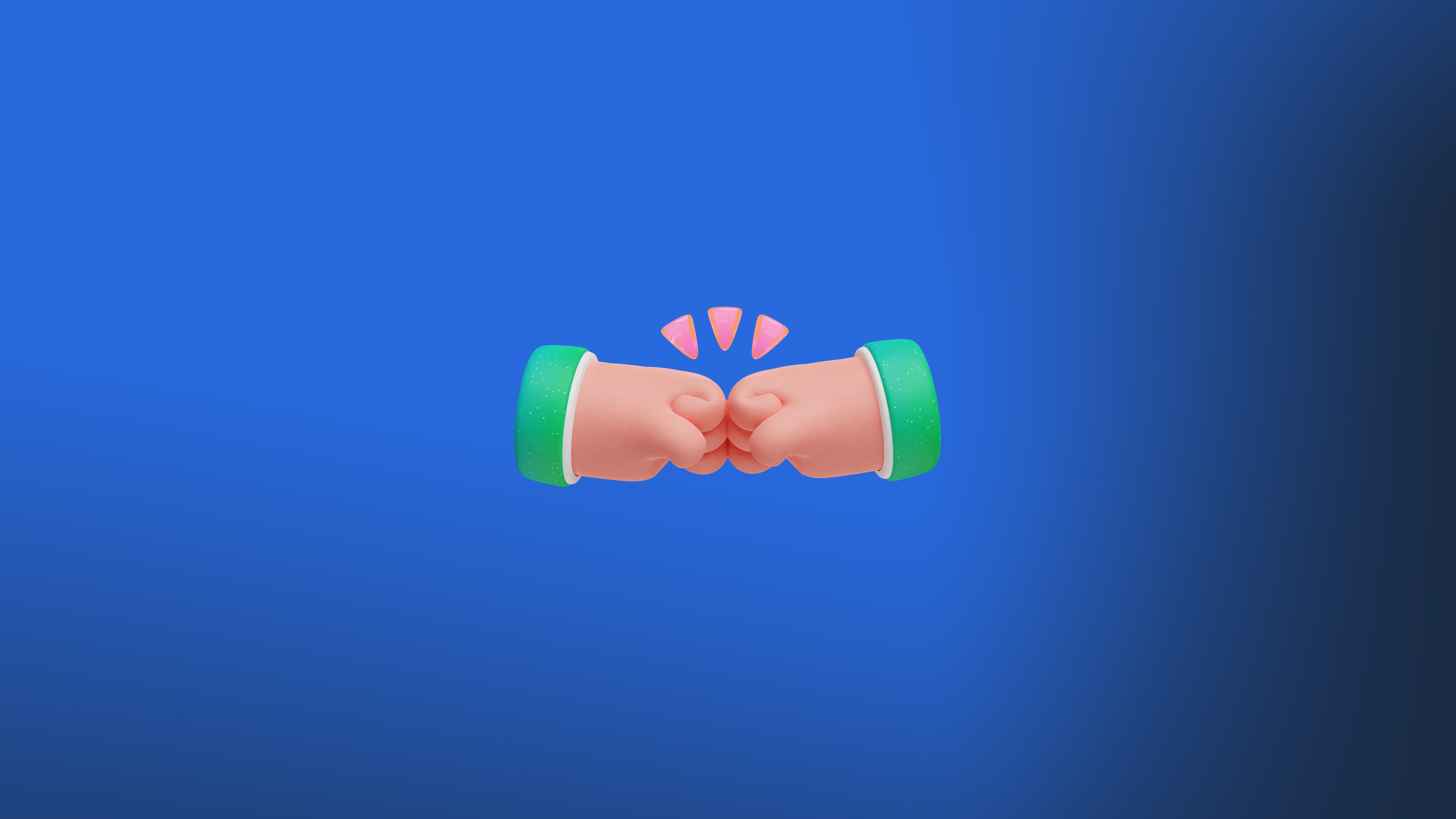 Two fists bumping together with green wristbands against a blue gradient background, with pink sparkles above.