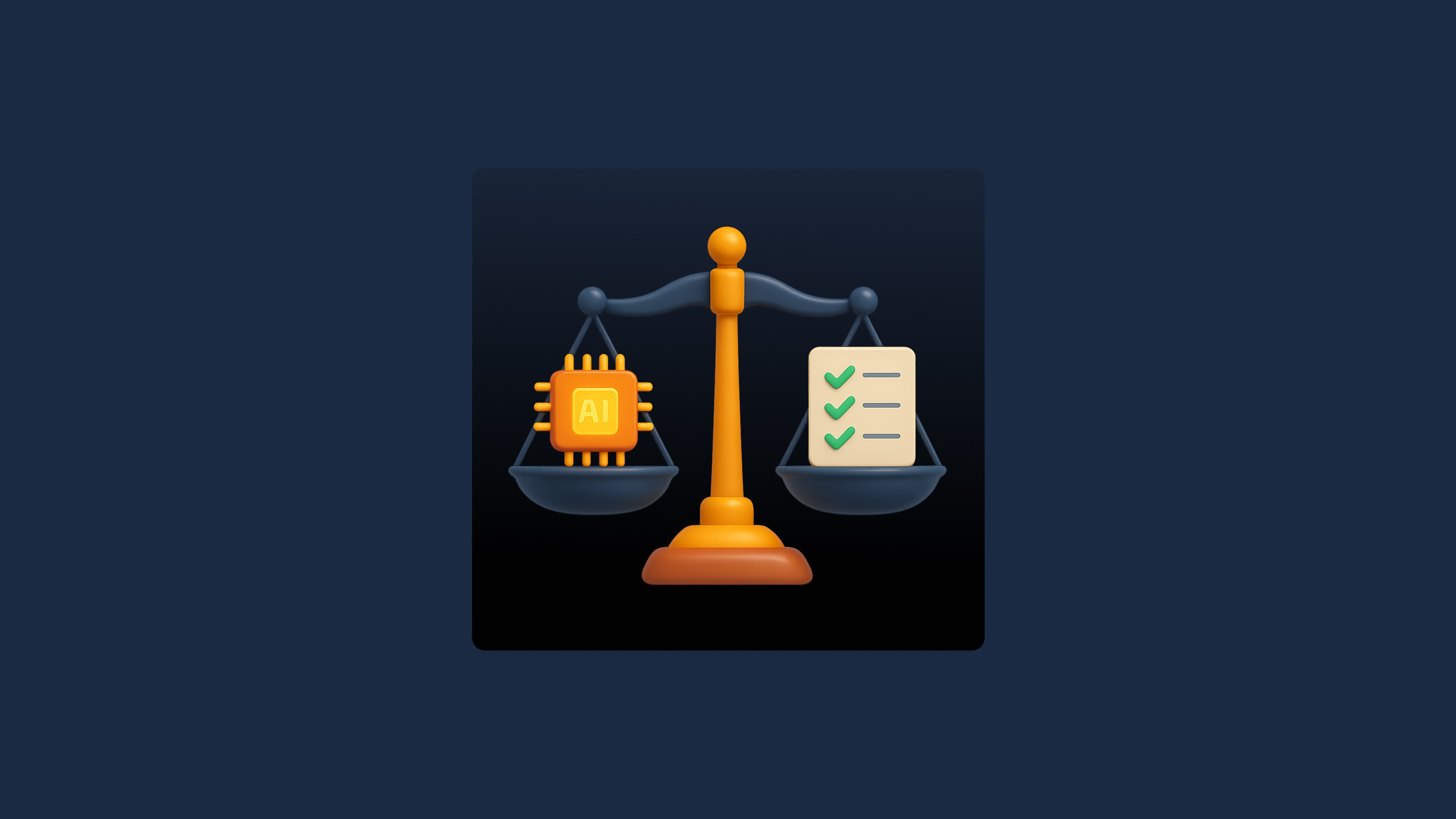 A balance scale comparing an AI chip on the left with a checklist on the right, symbolizing the balance between artificial…