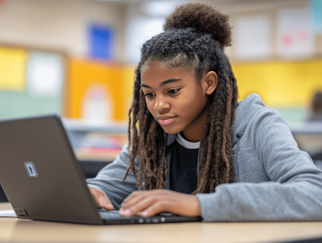 A young student with braided hair focuses on her laptop while working in a classroom with colorful yellow walls.