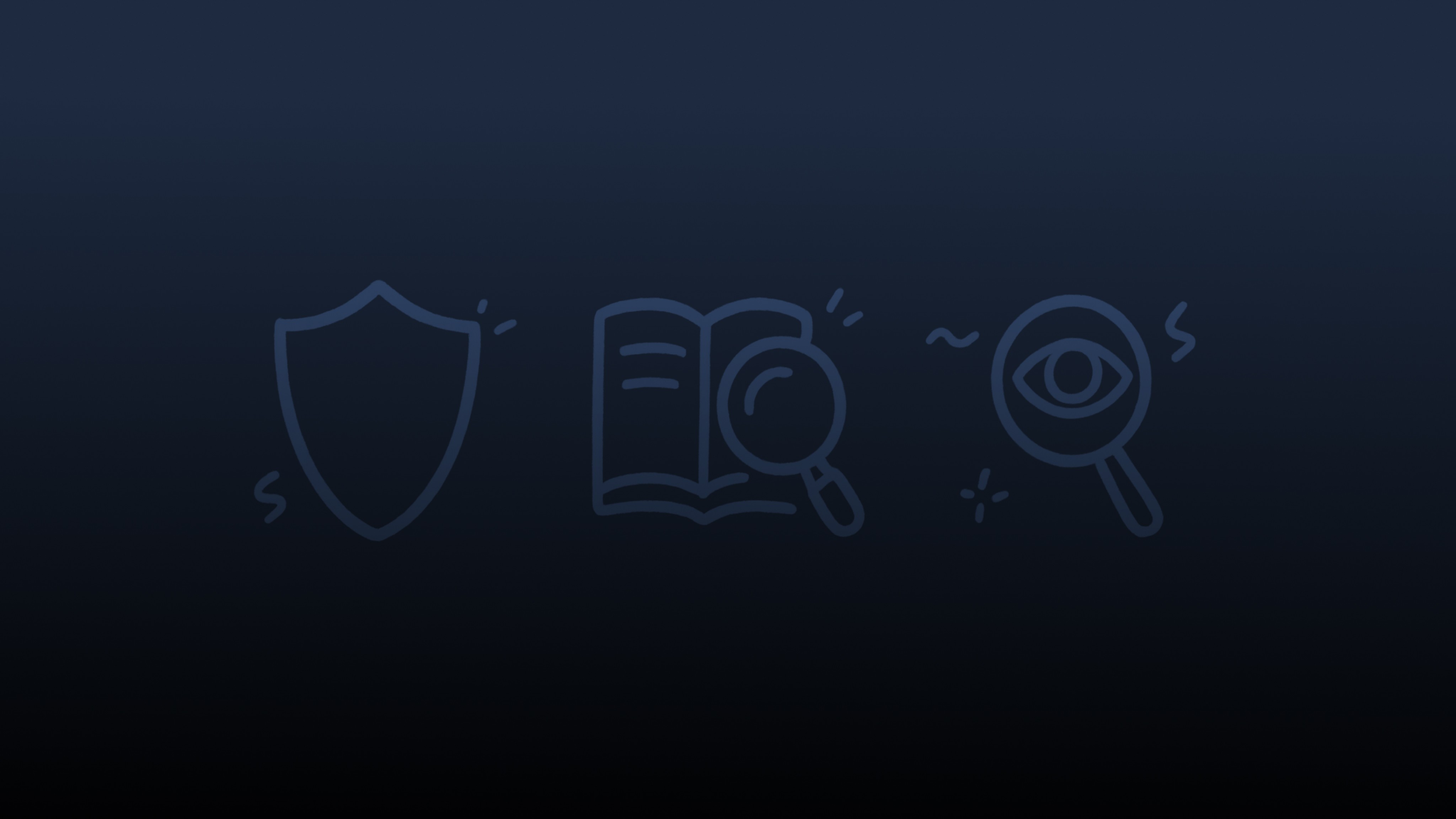 Three blue outlined icons on a dark background representing security, research, and monitoring concepts.