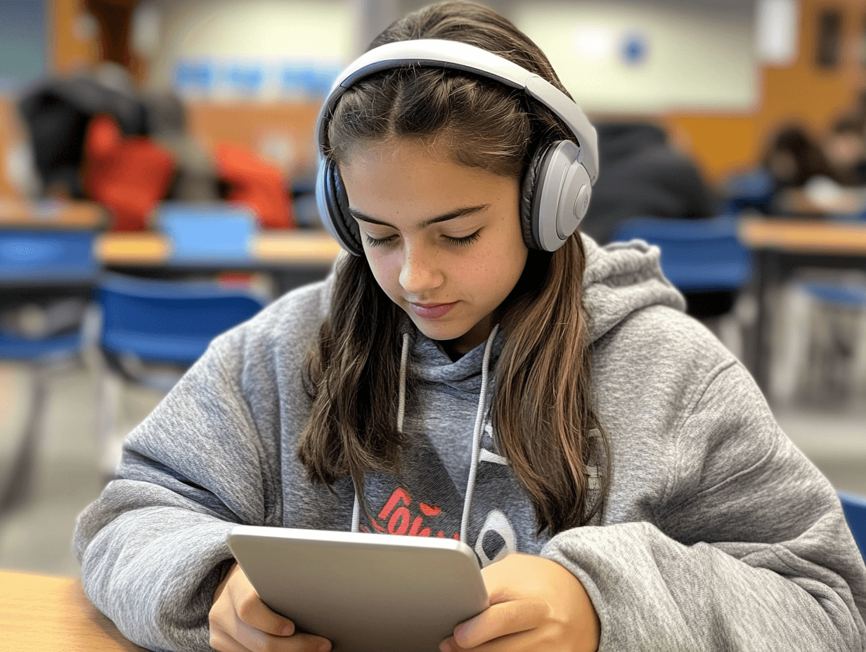 A student wearing white headphones and a gray hoodie focuses on a tablet device in a gymnasium or school cafeteria setting.