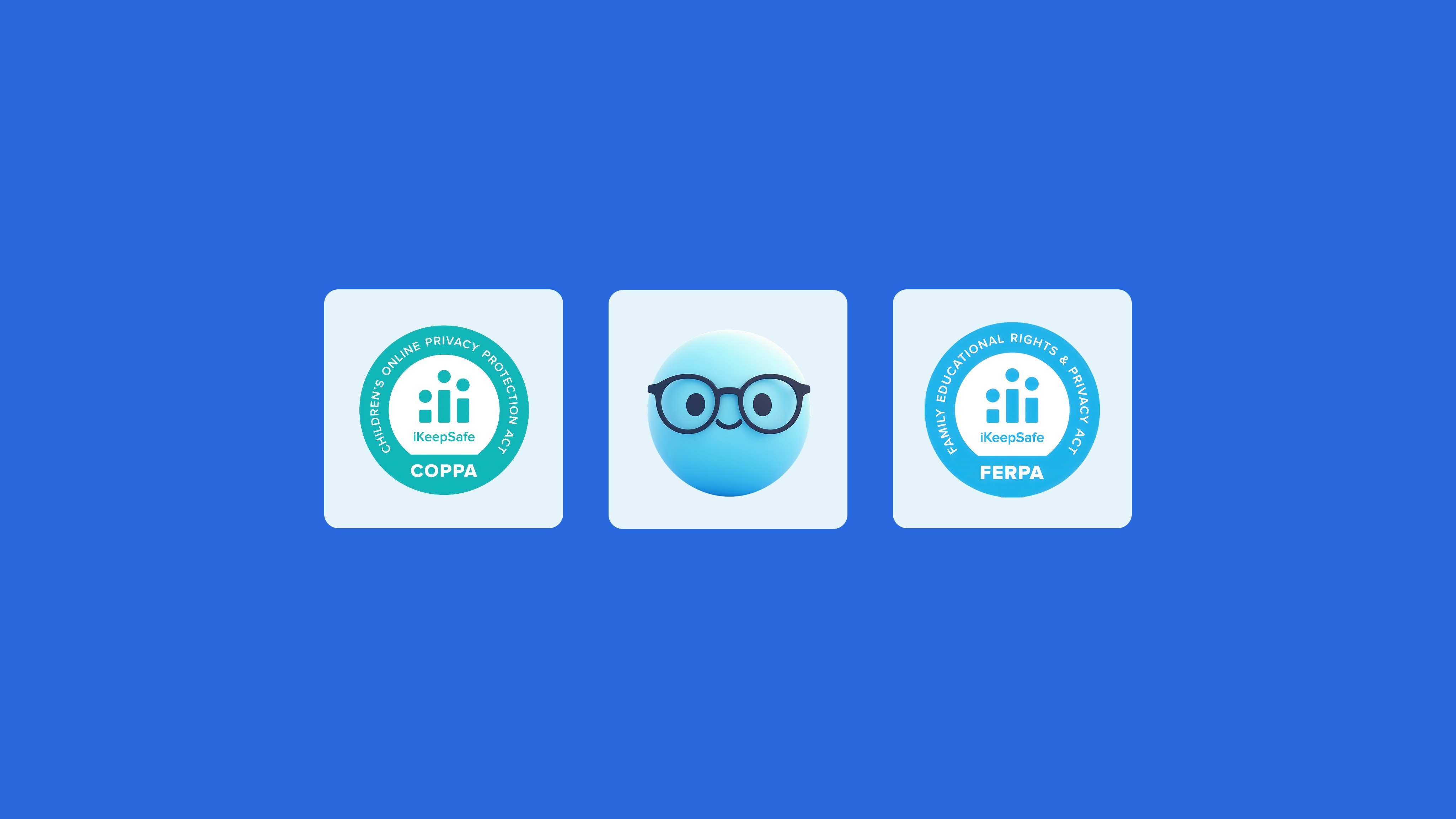 # Alt Text
Three certification badges for iKeepSafe displayed against a blue background: COPPA (Children's Online Privacy…