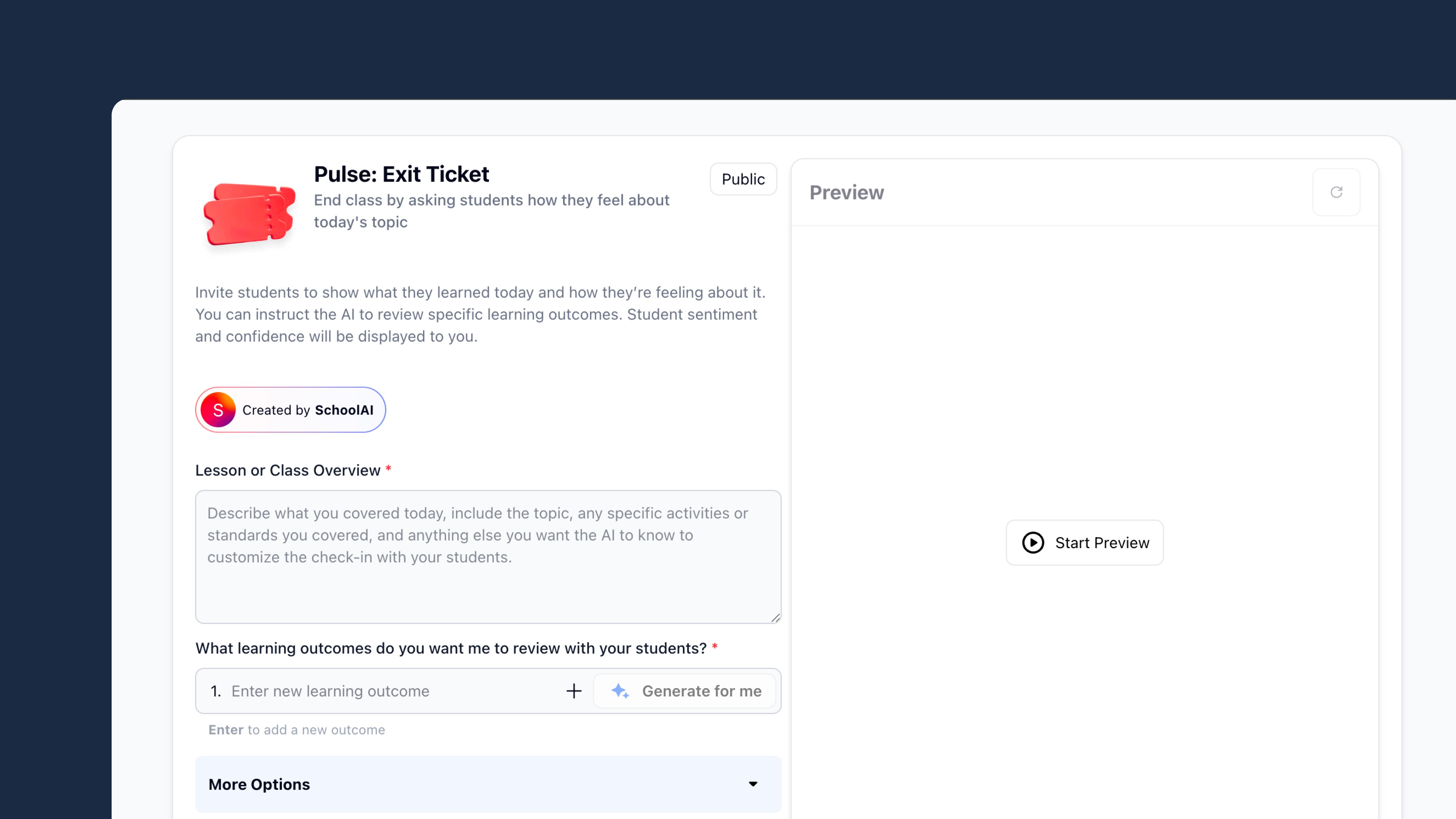 A setup form for SchoolAI's Pulse Exit Ticket tool, showing fields for lesson overview and learning outcomes, with a preview…