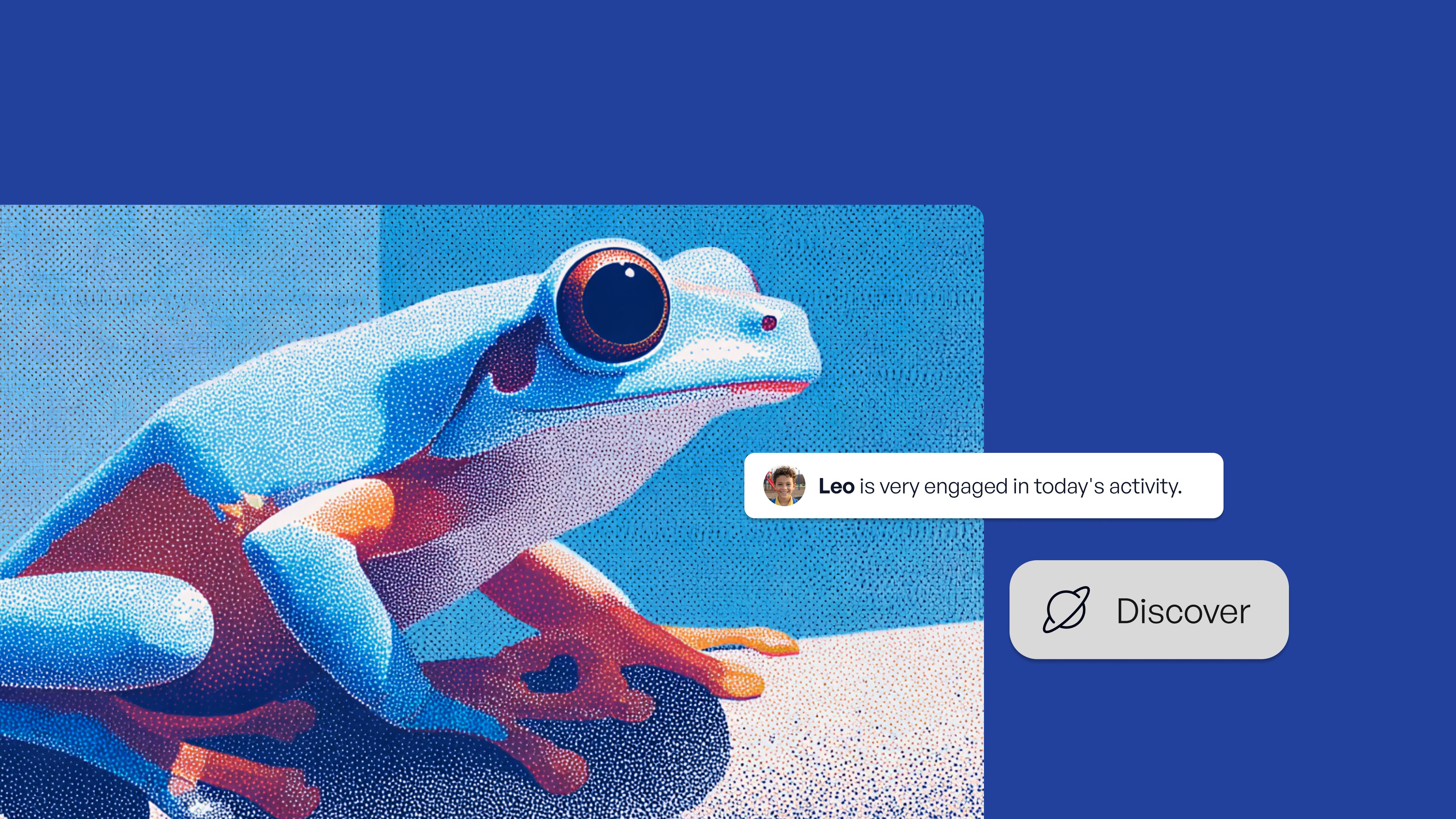 A colorful illustration of a vibrant blue and red gecko against a blue background, with a notification saying "Leo is very…