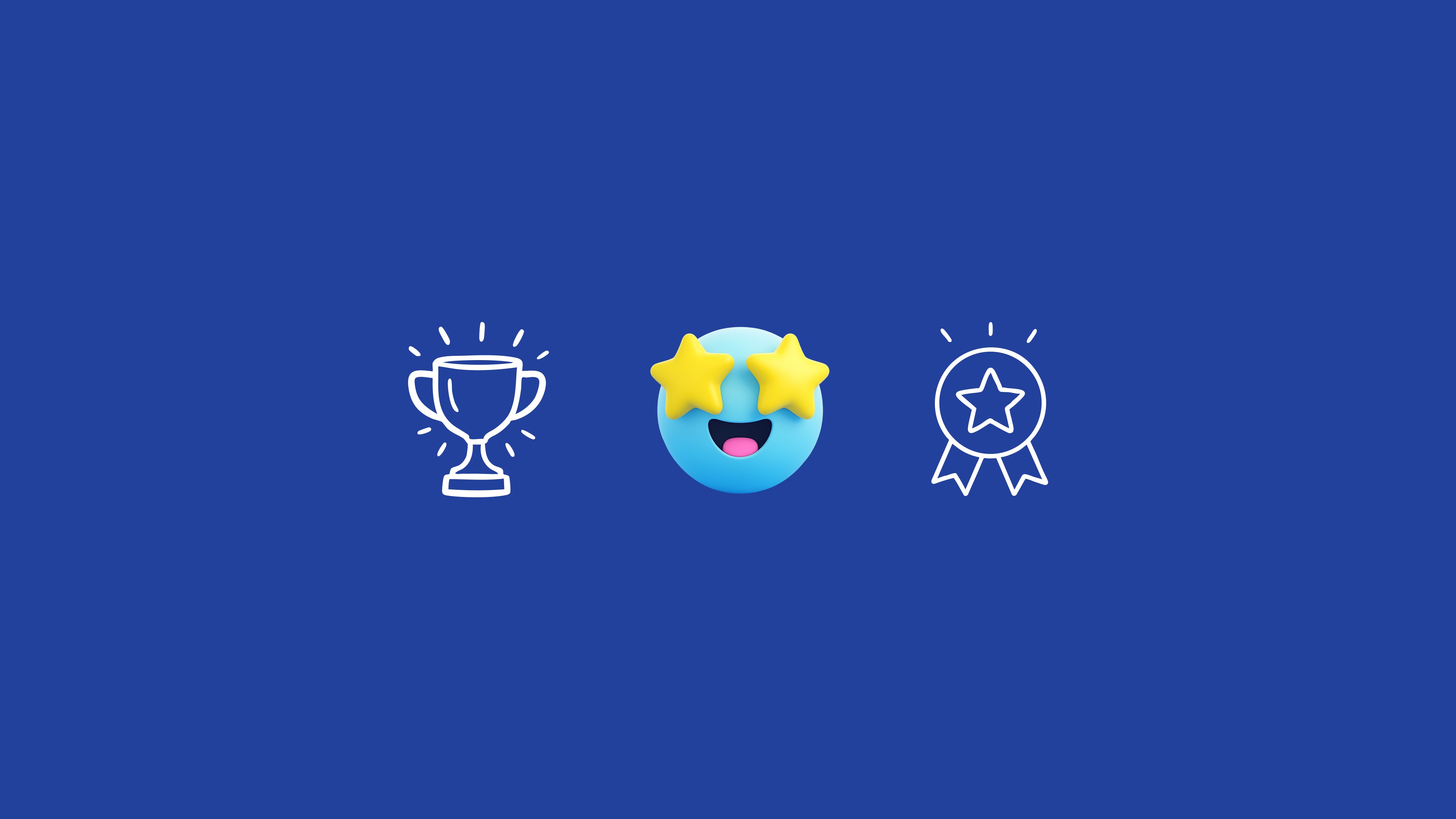 Three icons on a blue background: a trophy cup, a happy smiling face with star eyes, and an award ribbon badge.