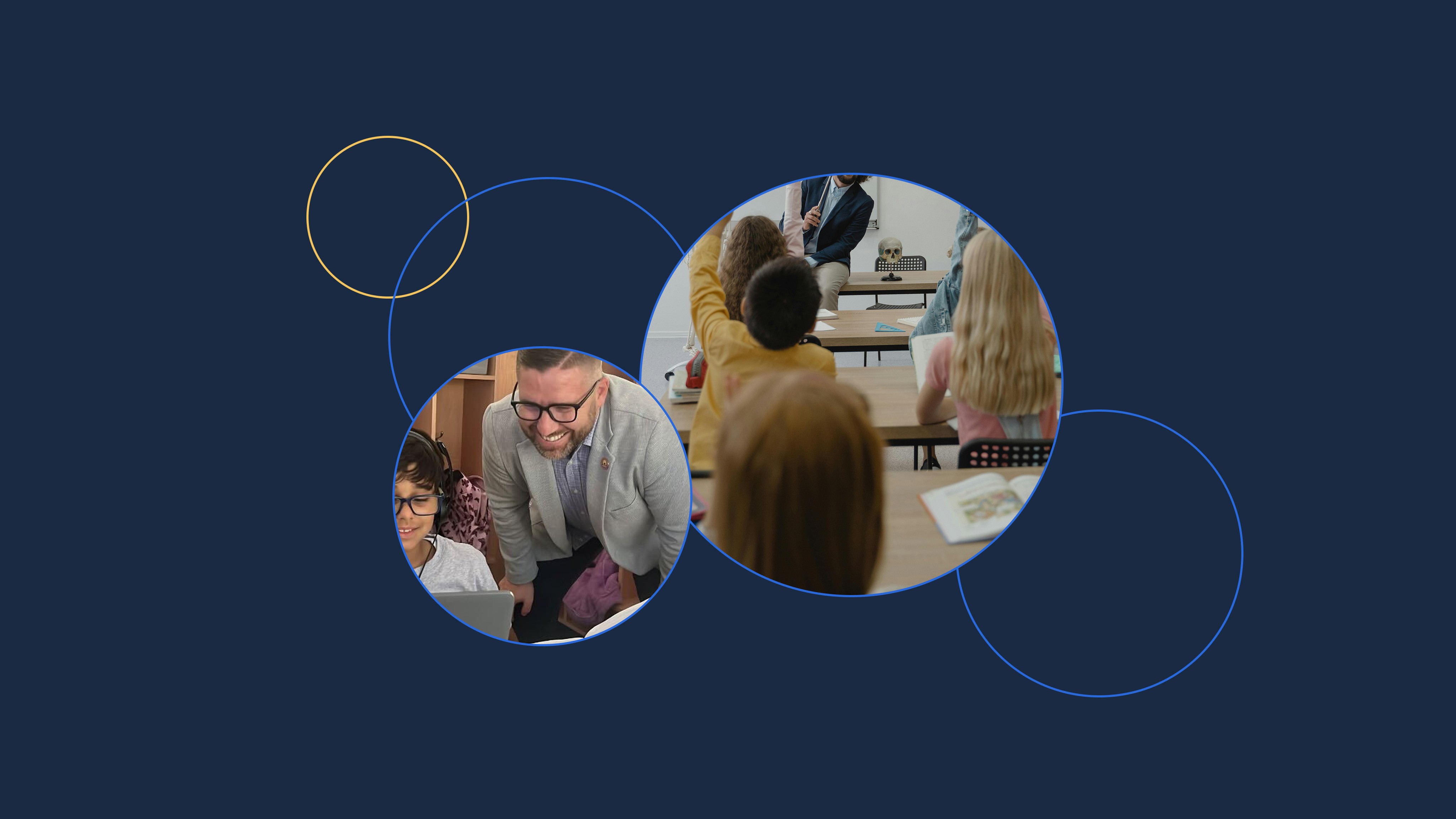 A dark blue background with overlapping circular outlines containing two photos: one showing an adult working with children,…