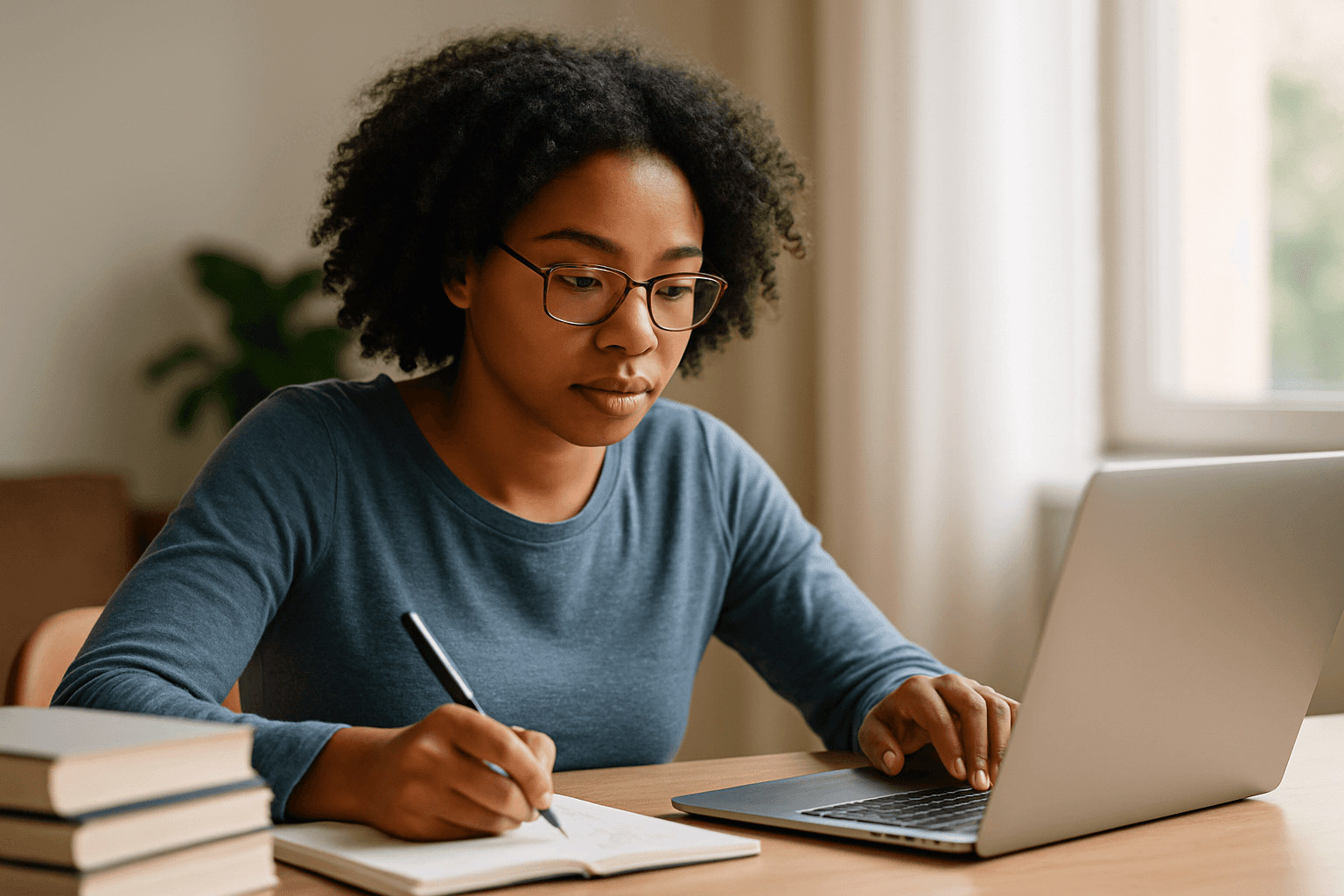 A young woman wearing glasses and a blue shirt studies at a desk while writing in a notebook and using a laptop.