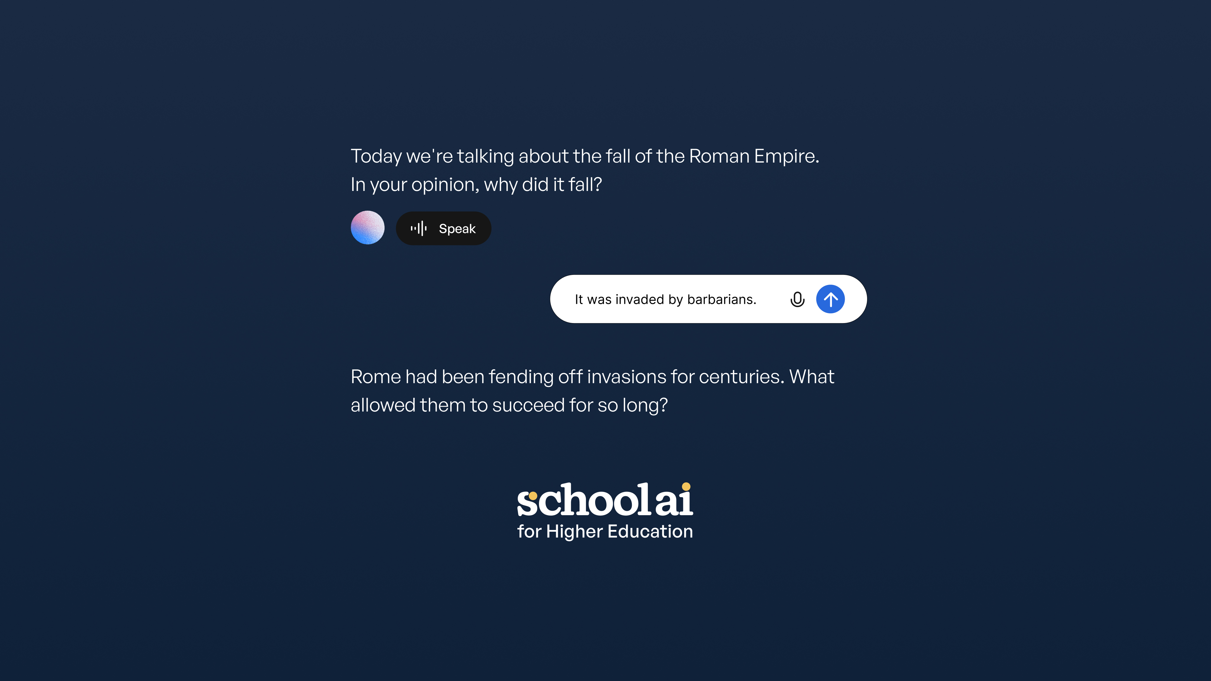 A Schoolai educational interface showing a conversation about the fall of the Roman Empire, with a user response "It was…