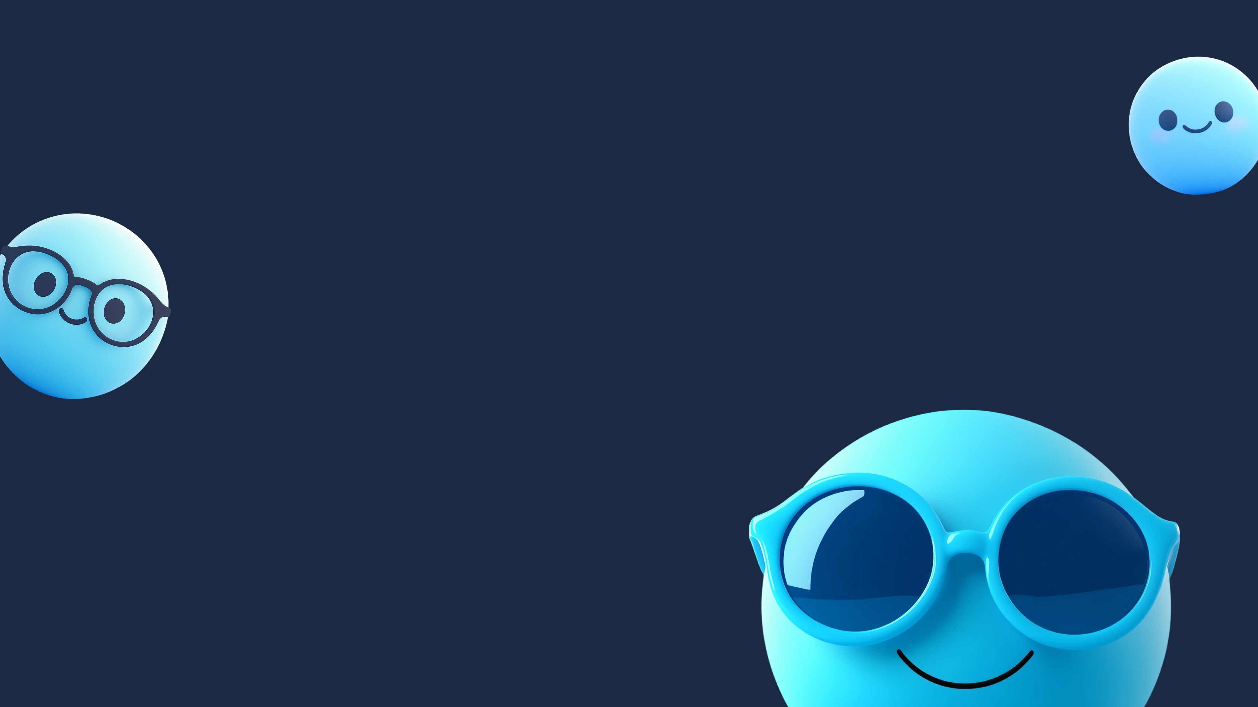 Three cheerful blue cartoon characters with simple smiling faces, one wearing glasses, arranged on a dark blue background.